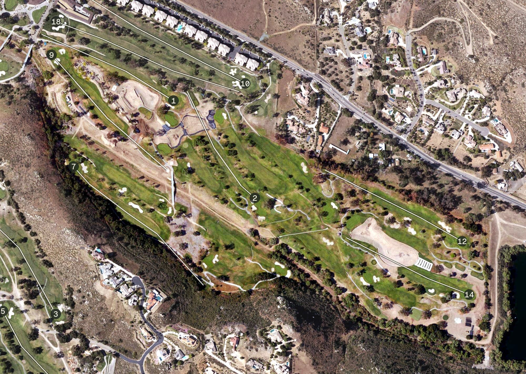 Aerial view of Oak Glen Golf Course, CA, with its hole routing marked