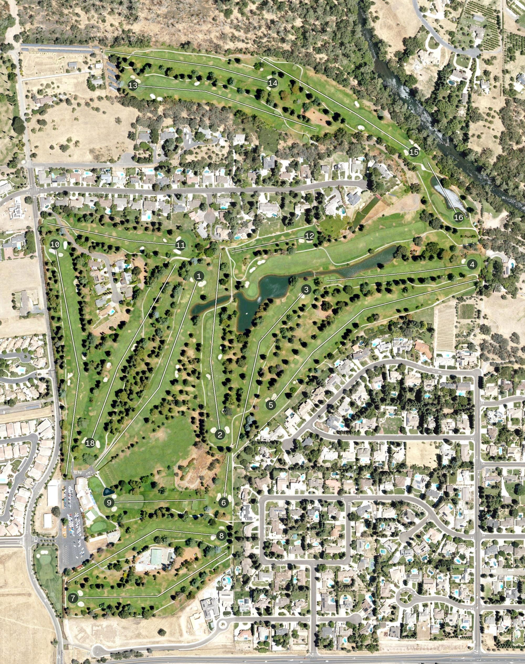 Aerial view of Oakdale Golf & Country Club, CA, with its hole routing marked