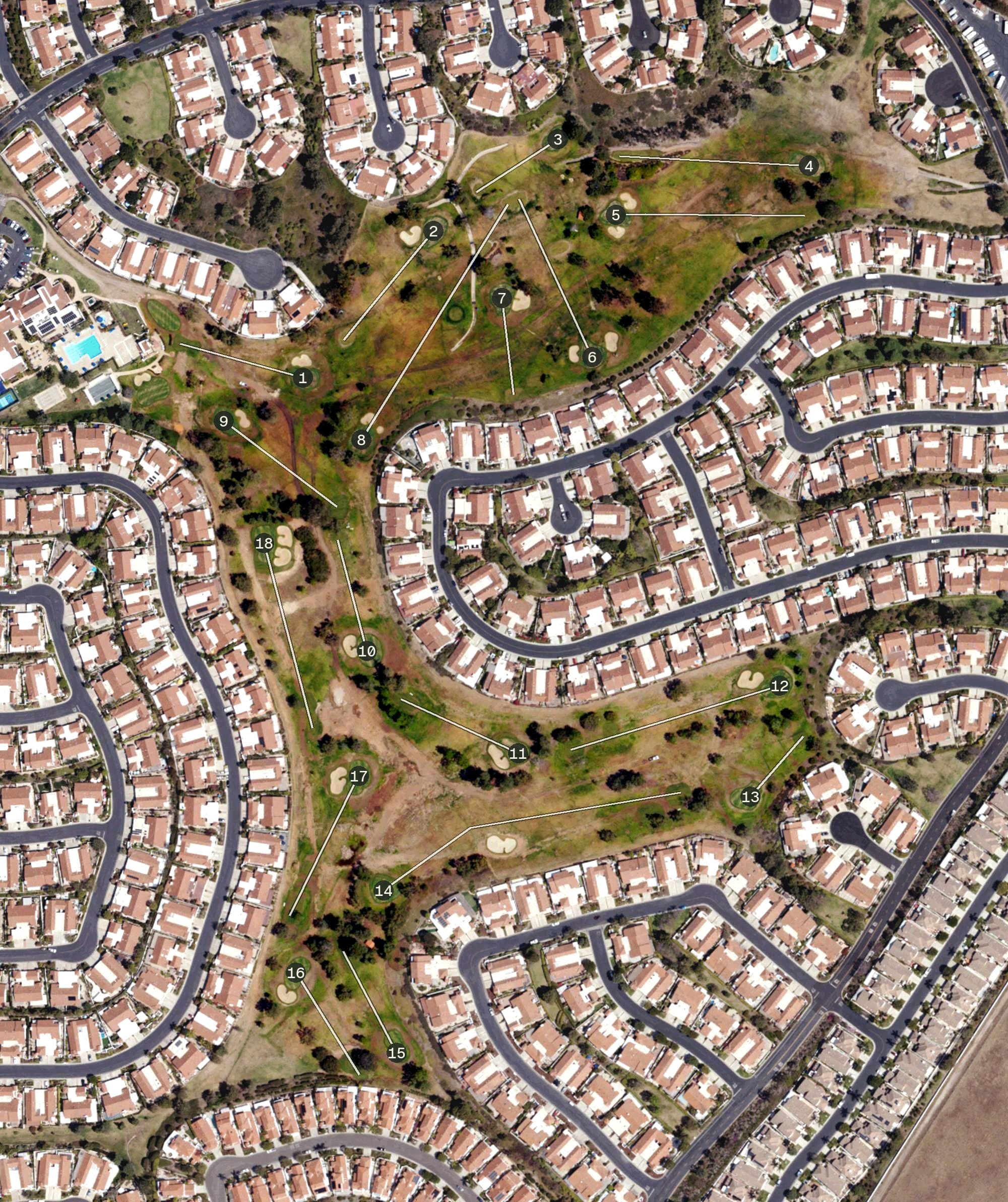 Aerial view of Ocean Hills Country Club, CA, with its hole routing marked