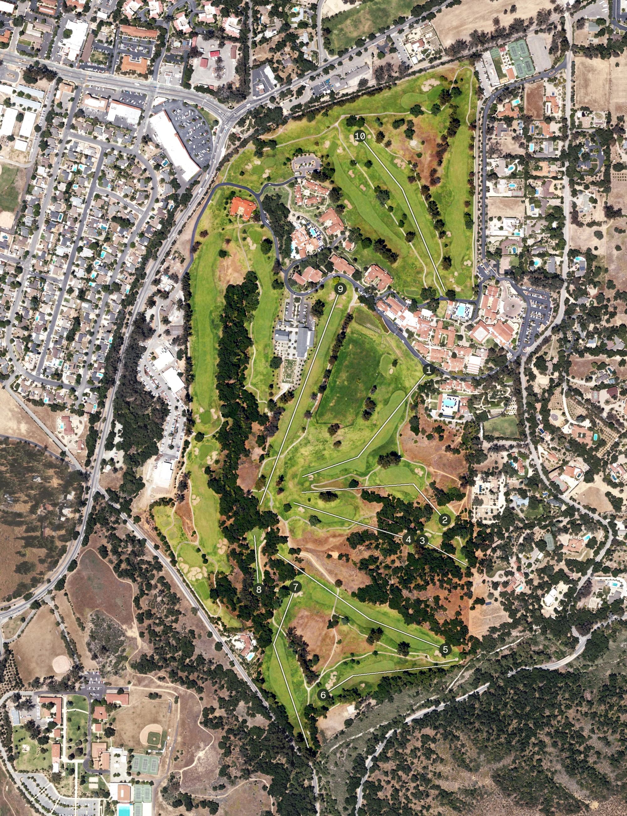 Aerial view of Ojai Valley Inn Golf Course, CA, with its hole routing marked