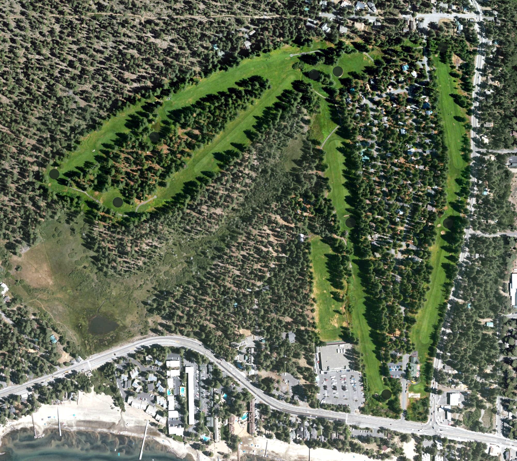 Aerial view of Old Brockway Golf Club, CA, with its hole routing marked
