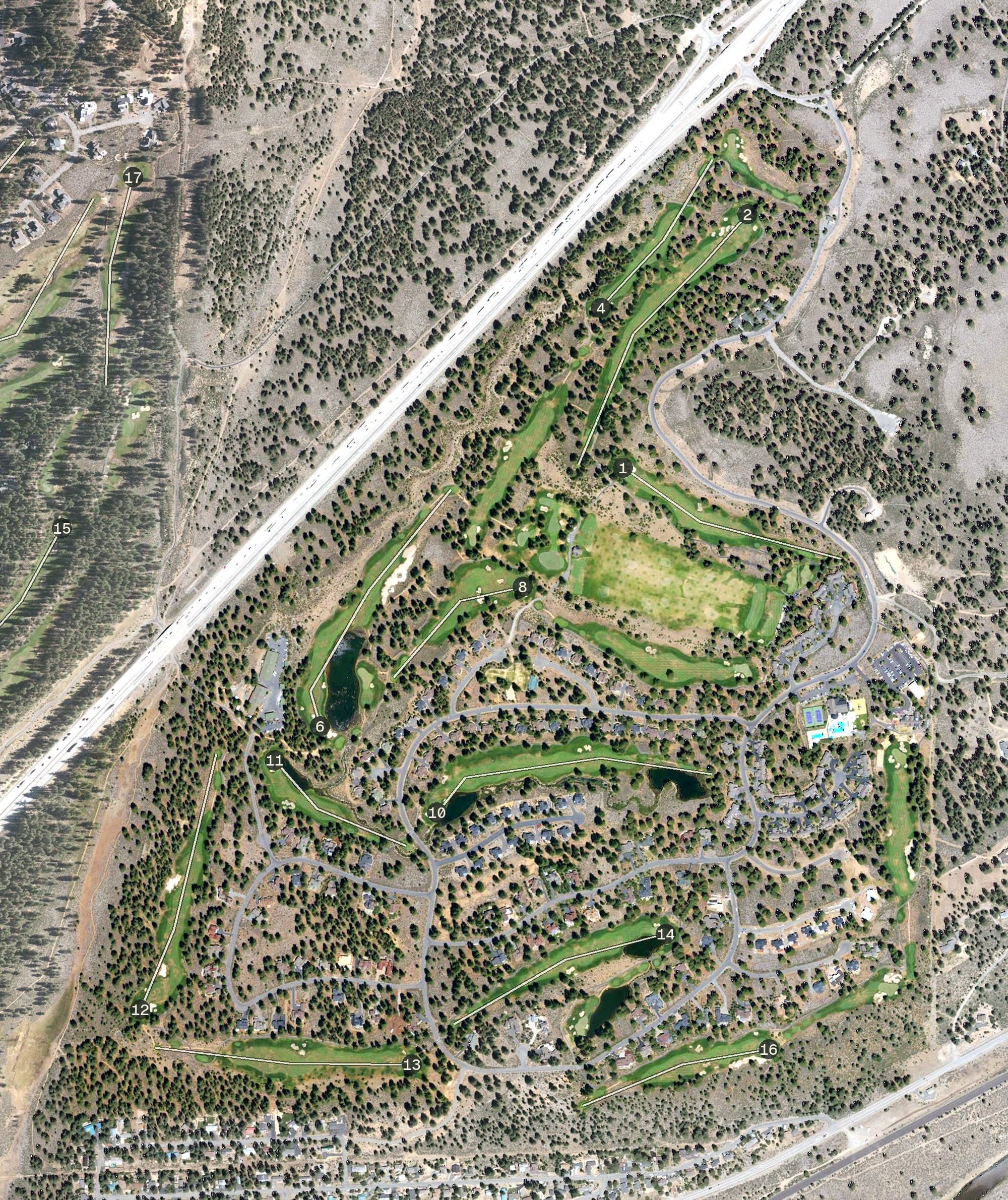 Aerial view of Old Greenwood Golf Course, CA, with its hole routing marked