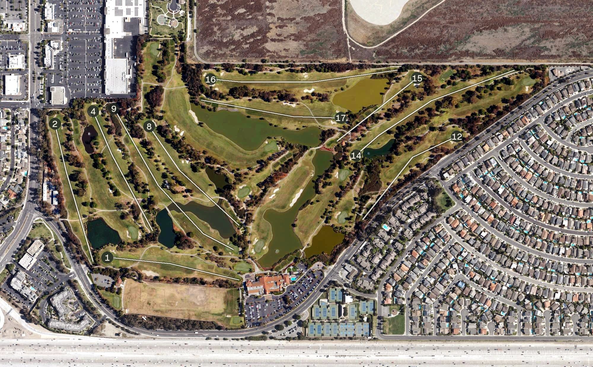 Aerial view of Old Ranch Country Club, CA, with its hole routing marked