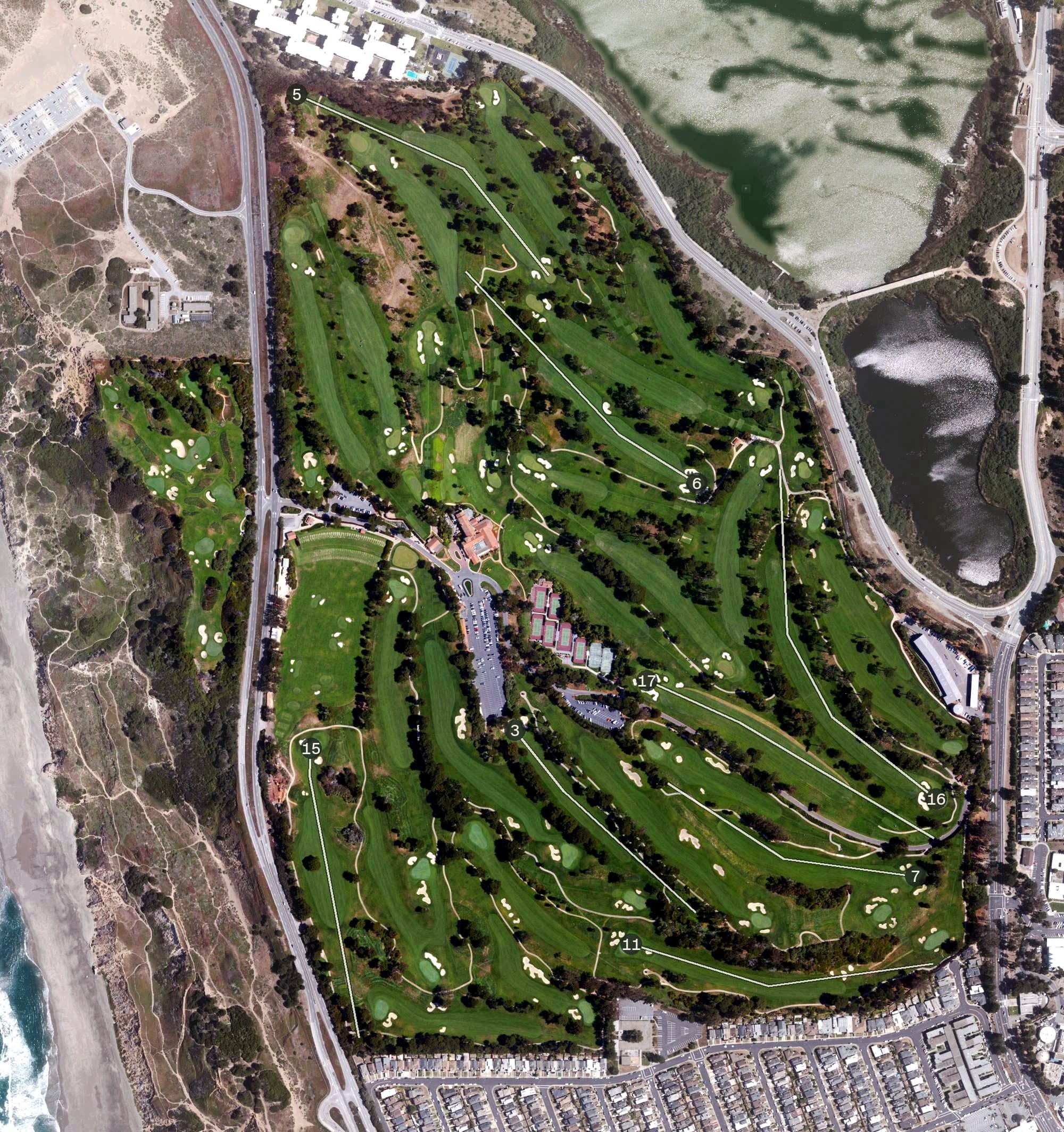 Aerial view of Olympic Club Golf Course, CA, with its hole routing marked