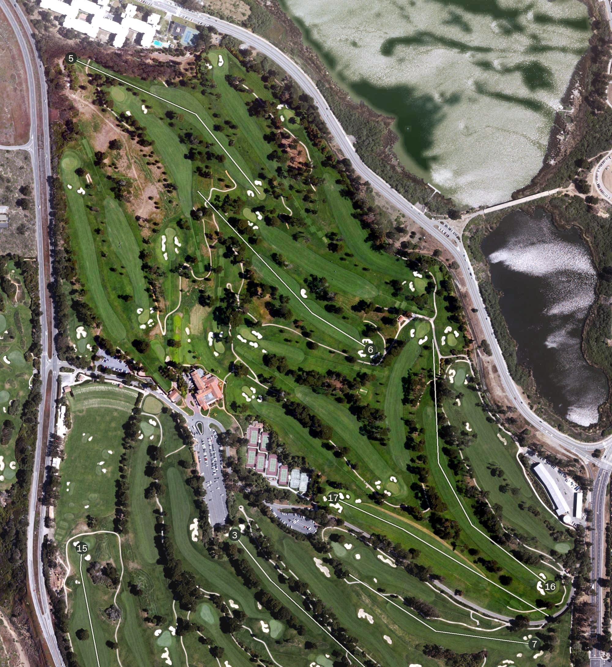 Aerial view of Olympic Club Lake Course, CA, with its hole routing marked