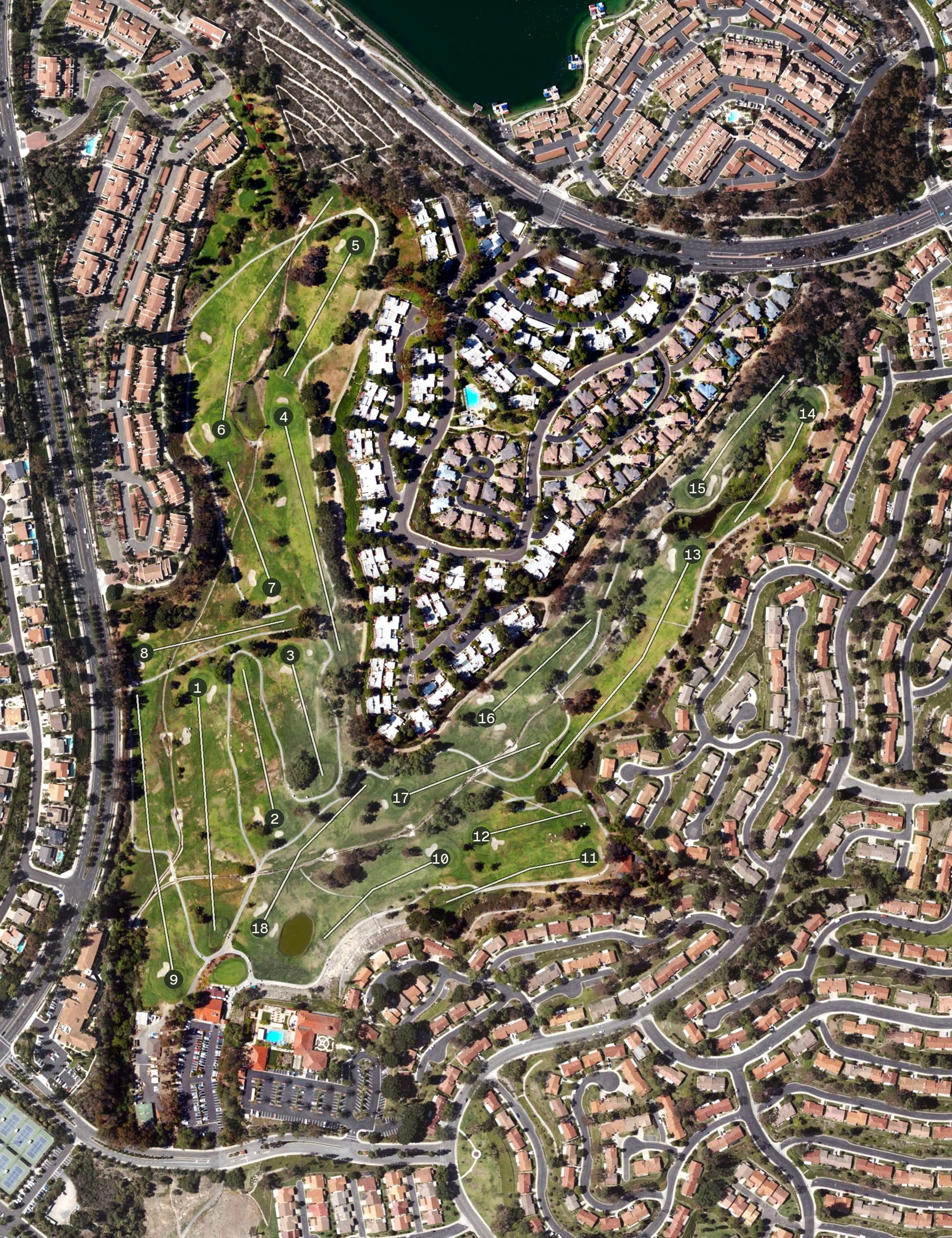 Aerial view of Oso Creek Golf Course, CA, with its hole routing marked