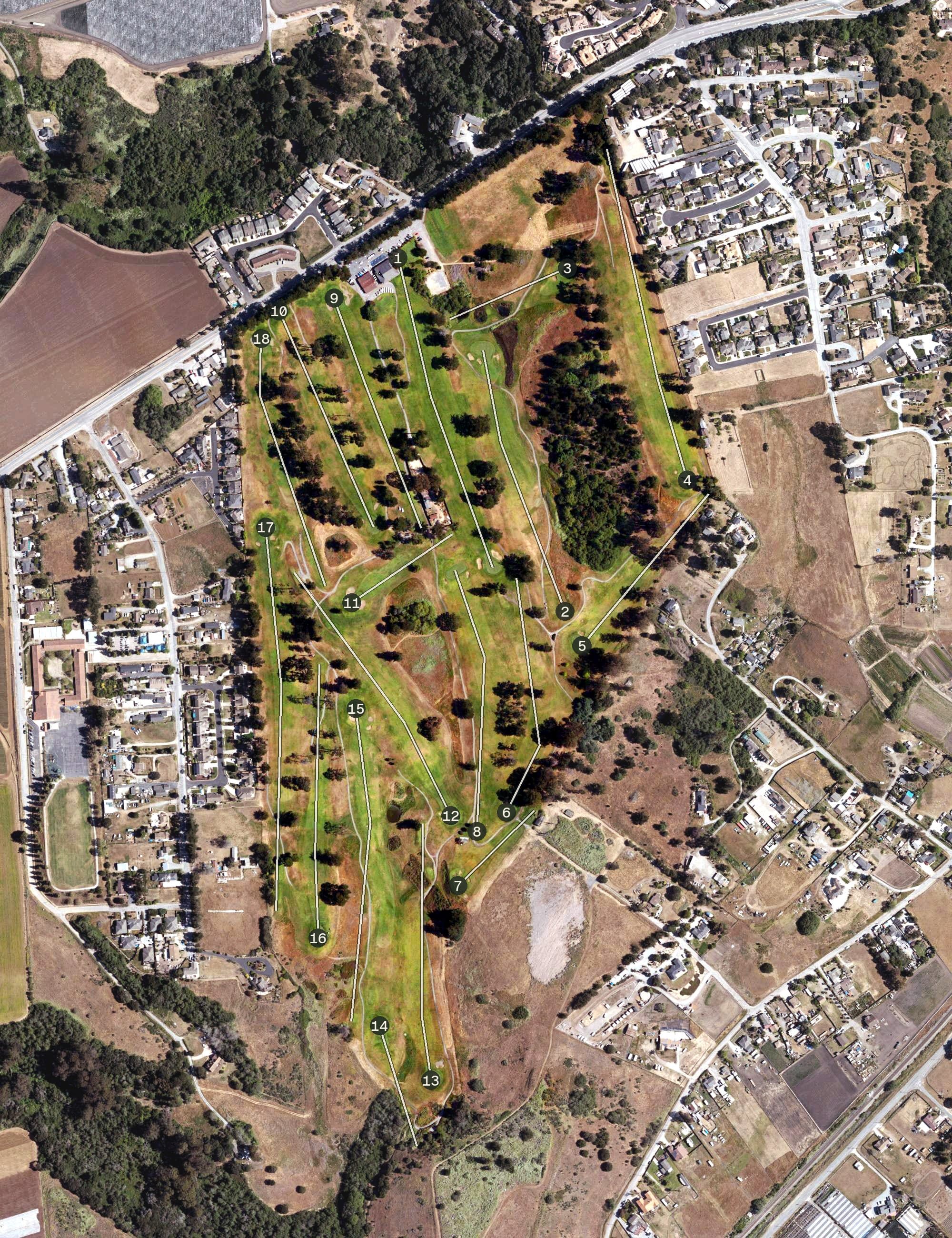 Aerial view of Pajaro Valley Golf Club, CA, with its hole routing marked