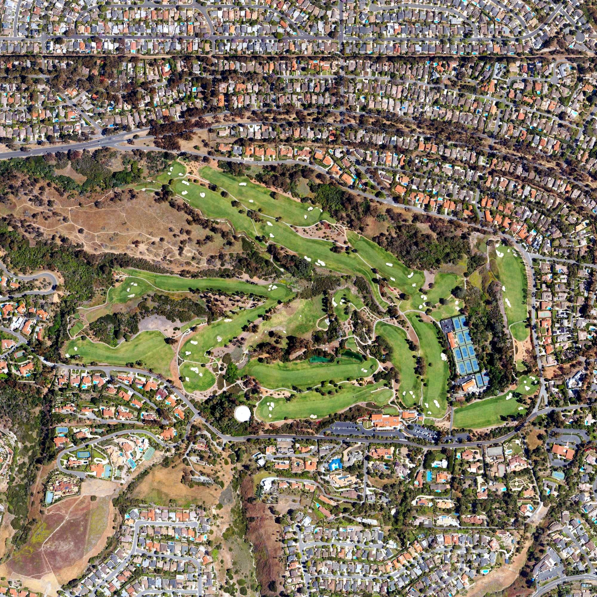Aerial view of Palos Verdes Golf Club, CA, with its hole routing marked