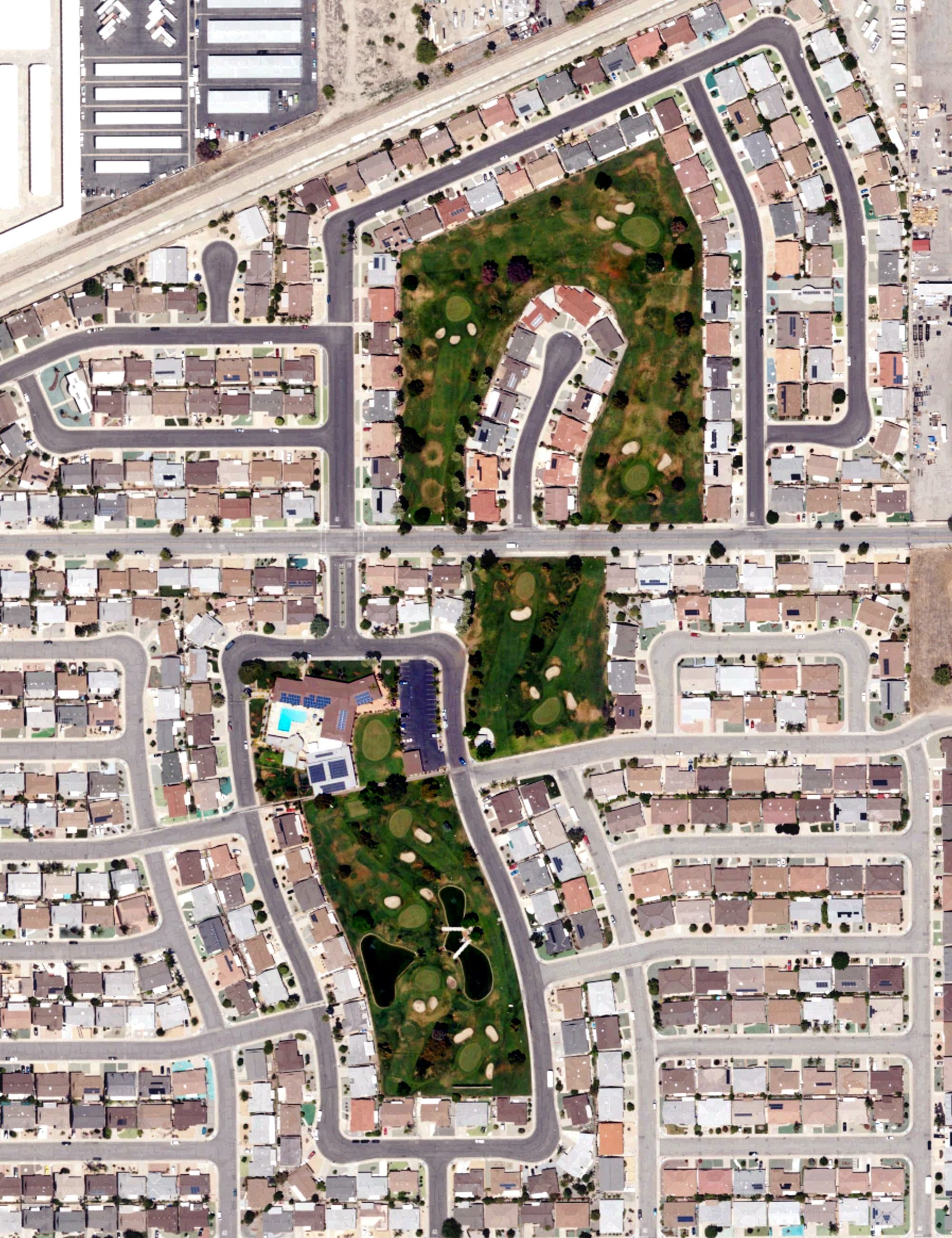Aerial view of Panorama Golf Course, CA, with its hole routing marked