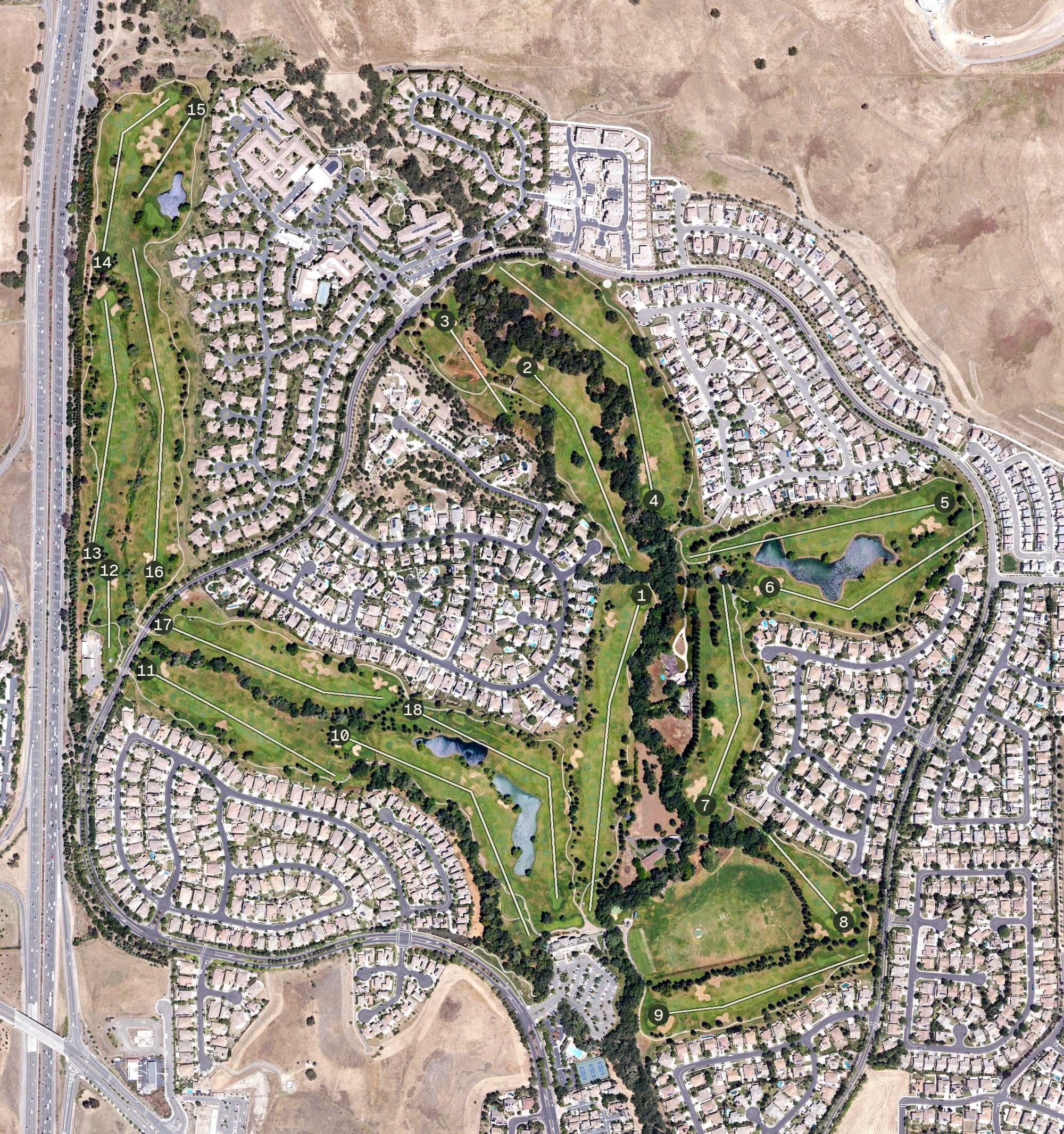 Aerial view of Paradise Valley Golf Course, CA, with its hole routing marked