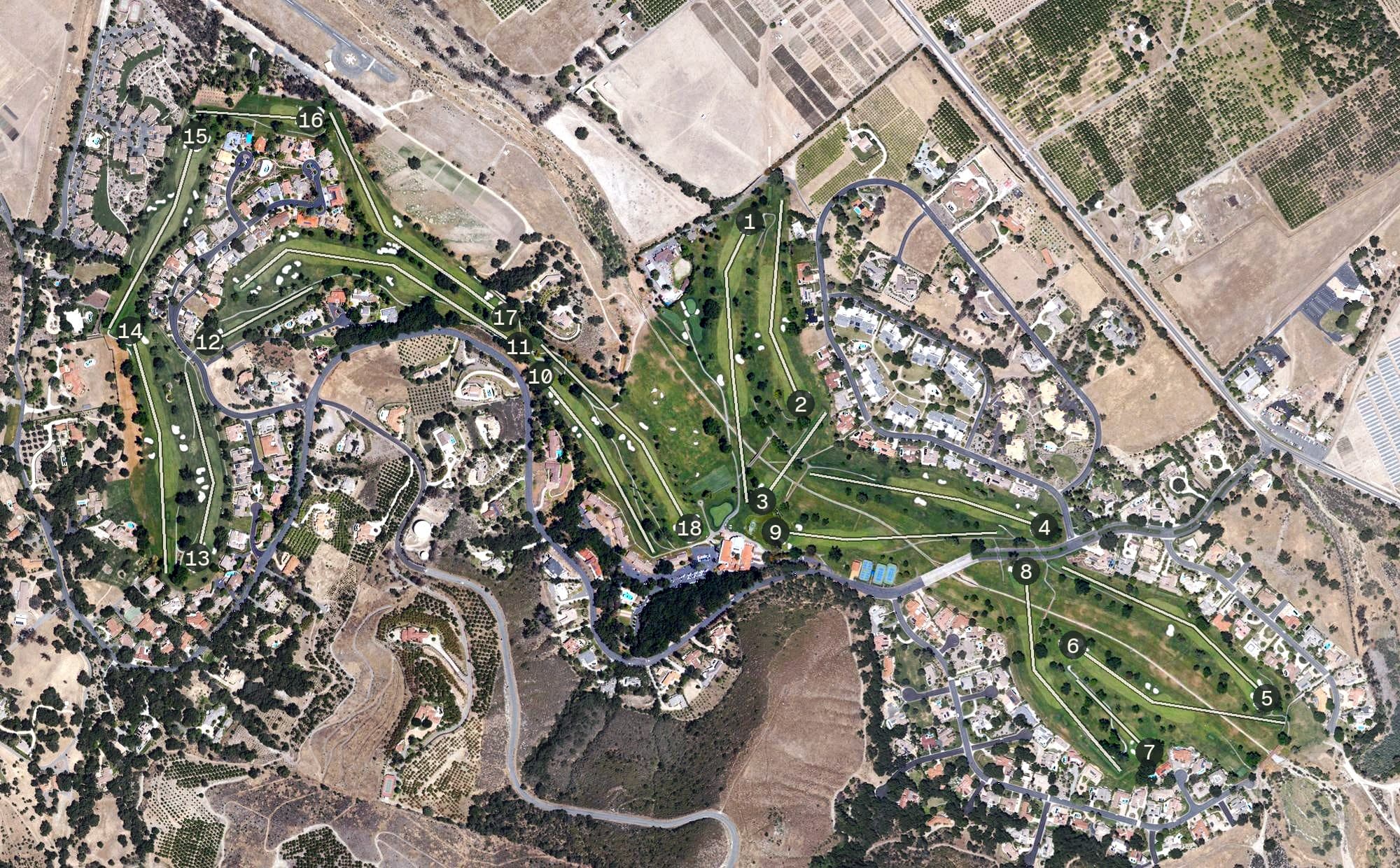 Aerial view of Pauma Valley Country Club, CA, with its hole routing marked