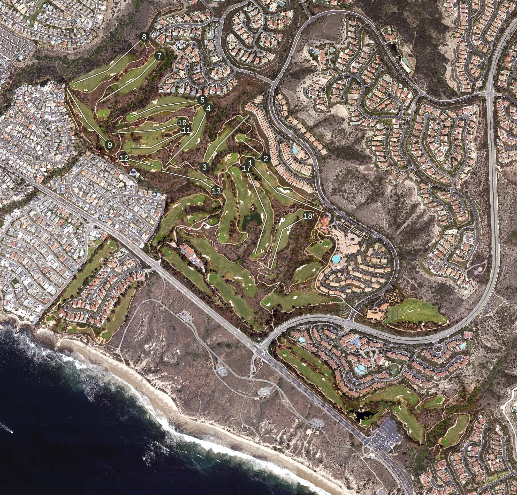 Aerial view of Pelican Hill Golf Club, CA, with its hole routing marked