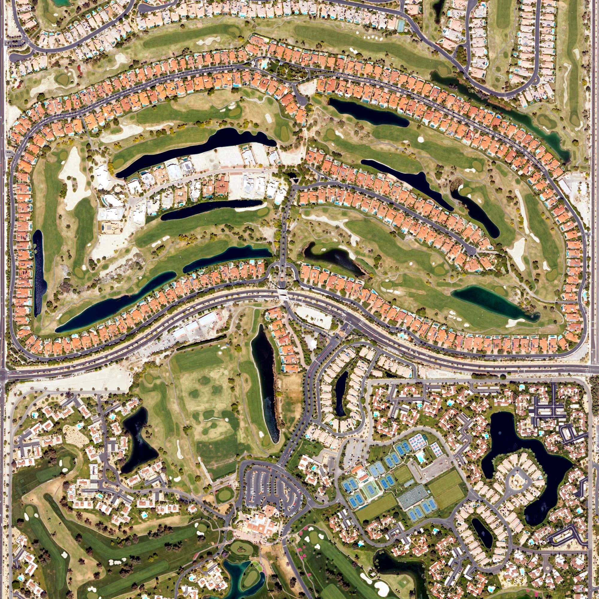 Aerial view of Pete Dye Challenge Course, CA, with its hole routing marked