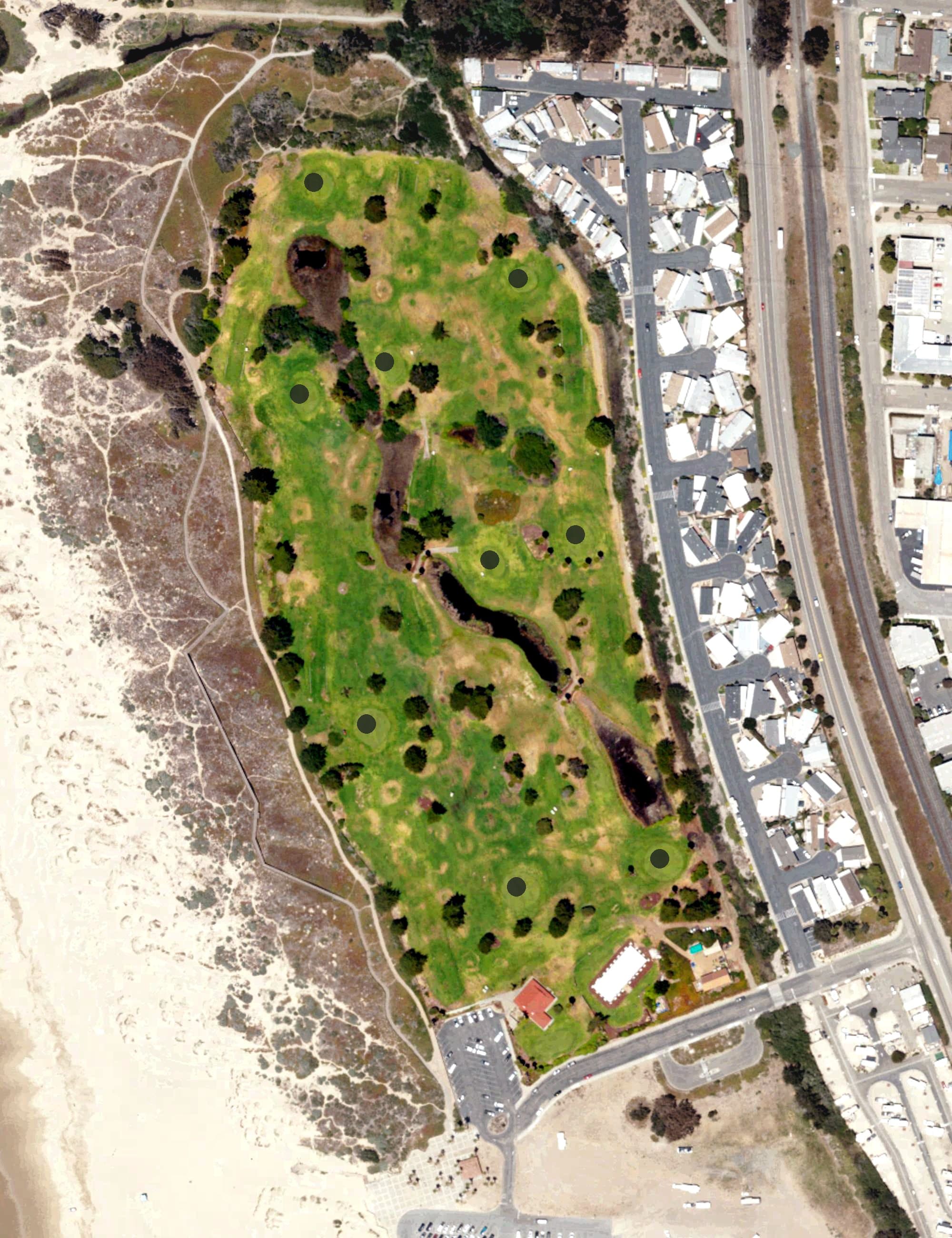 Aerial view of Pismo State Beach Golf Course, CA, with its hole routing marked