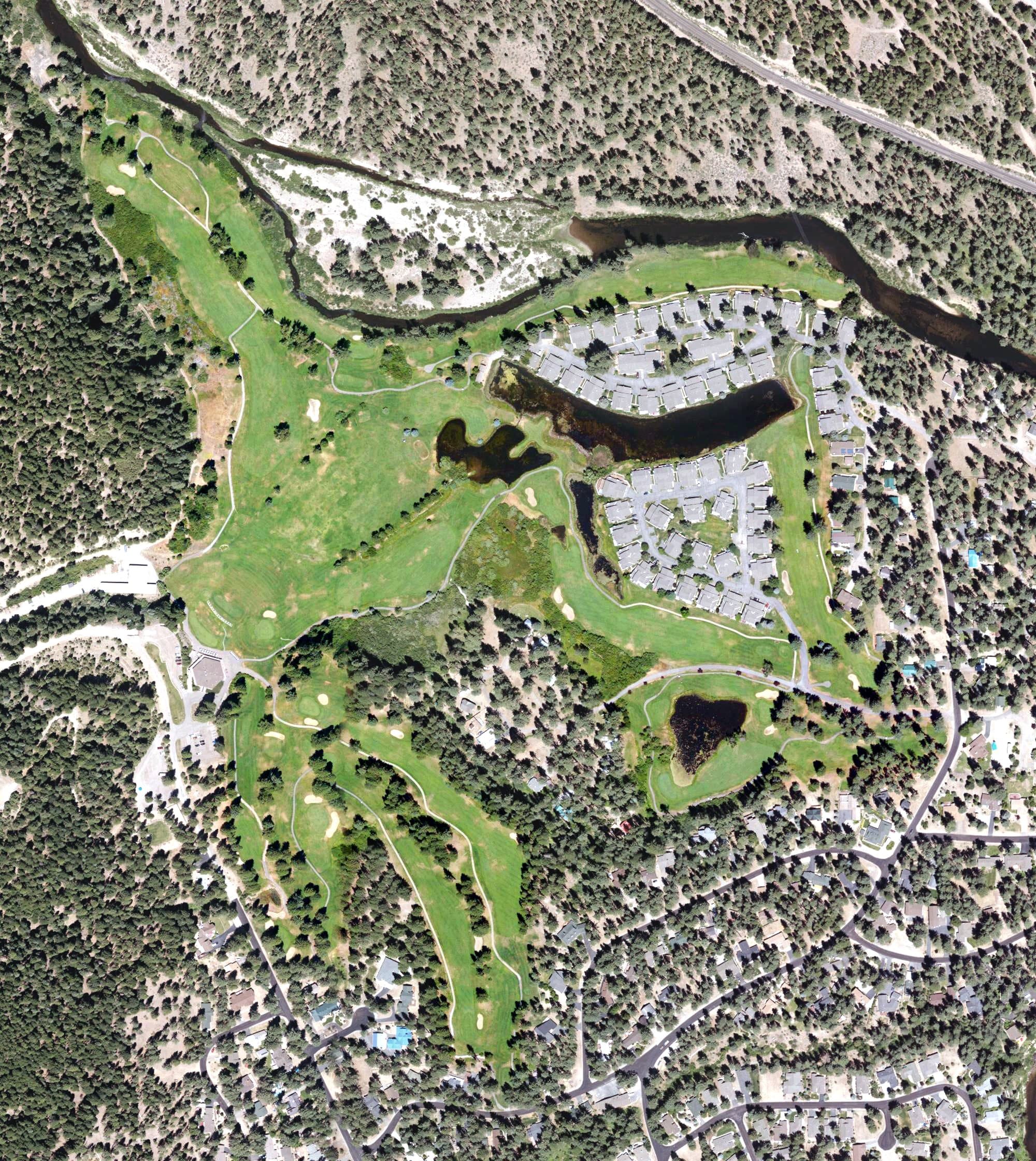 Aerial view of Plumas Pines Golf Course, CA, with its hole routing marked