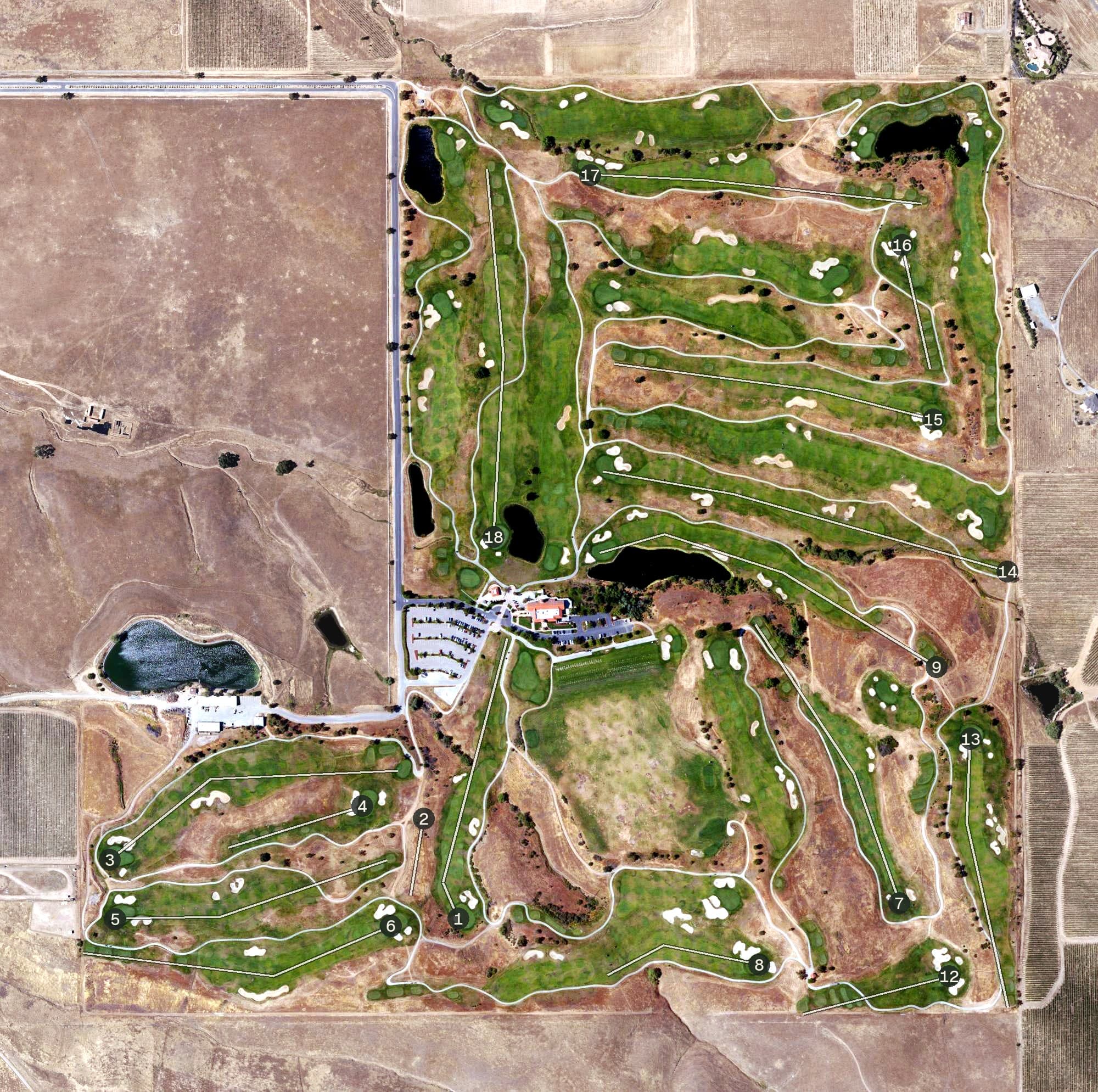 Aerial view of Poppy Ridge Golf Course, CA, with its hole routing marked
