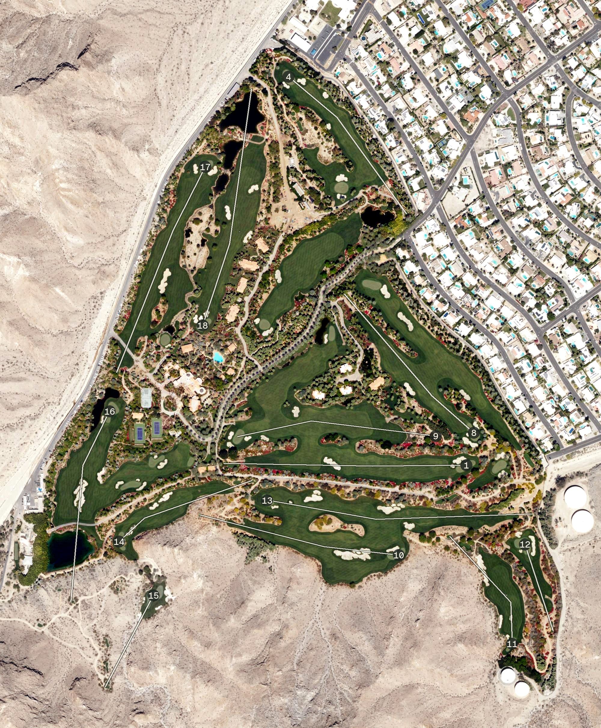 Aerial view of Porcupine Creek, CA, with its hole routing marked