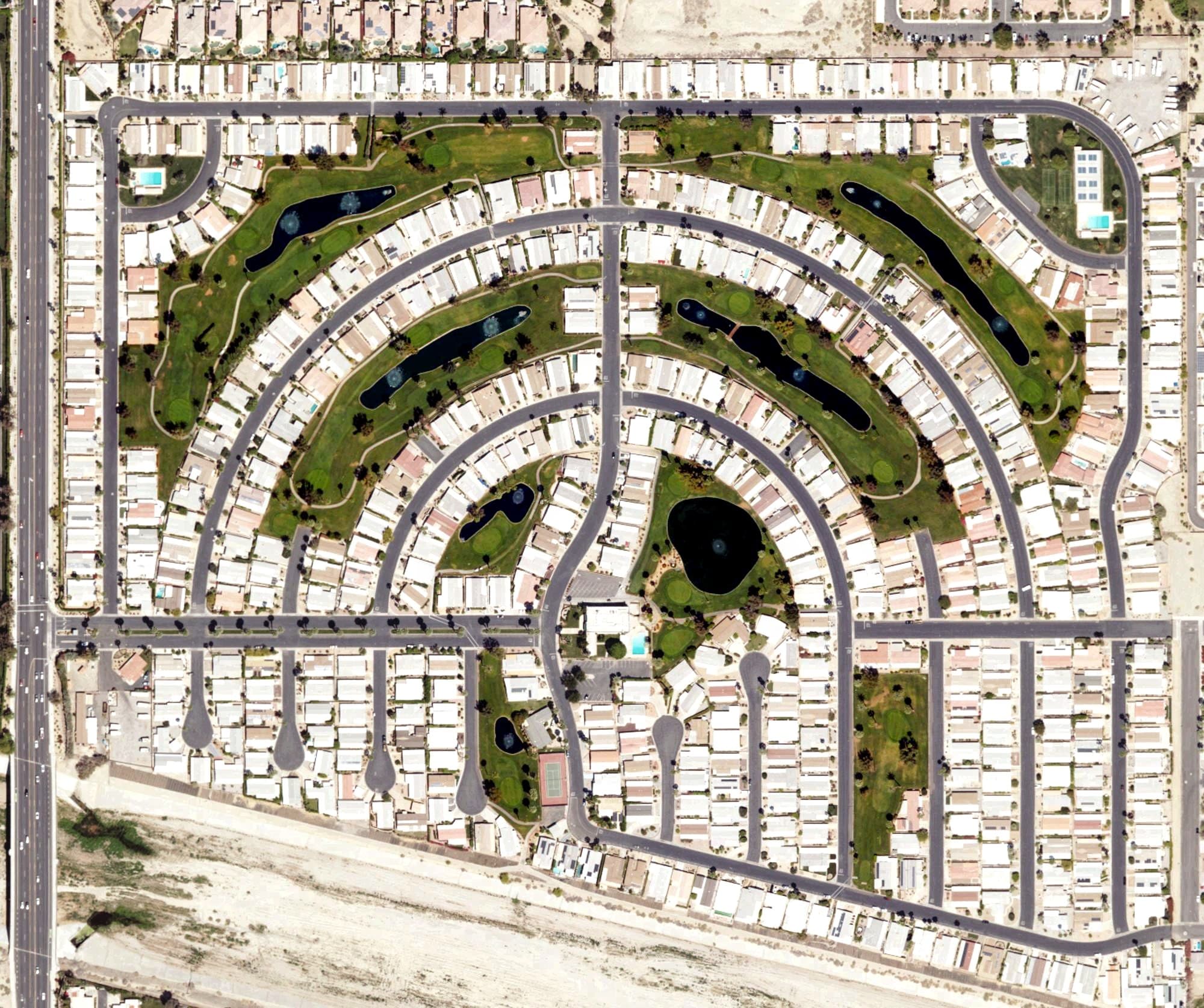 Aerial view of Portola Country Club, CA, with its hole routing marked