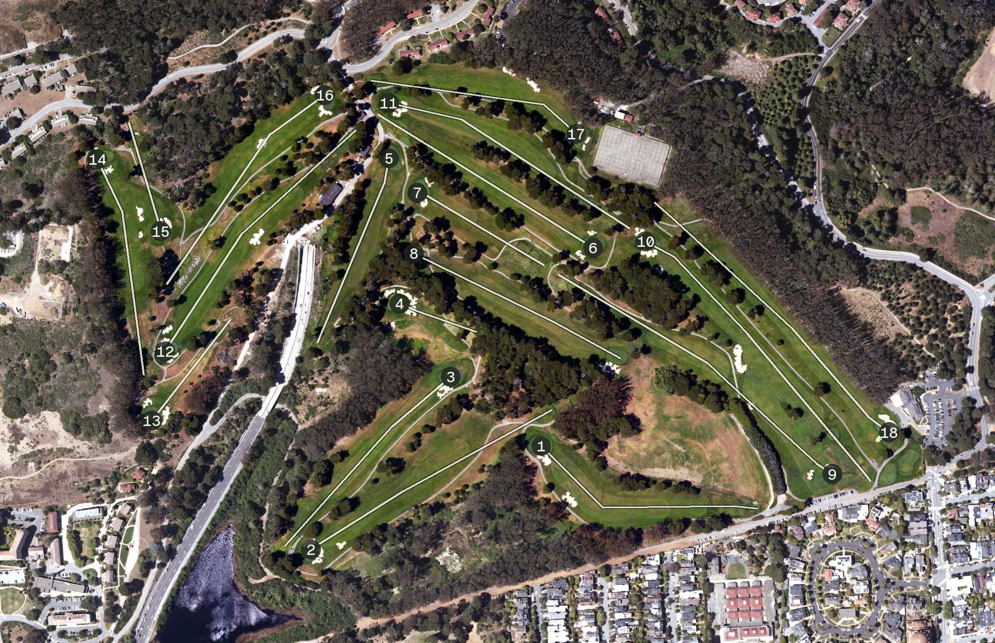 Aerial view of Presidio Golf Course, CA, with its hole routing marked
