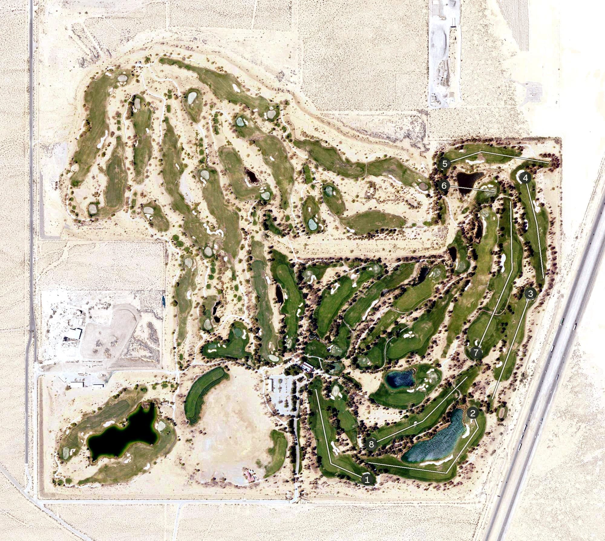 Aerial view of Primm Valley Golf Club, CA, with its hole routing marked