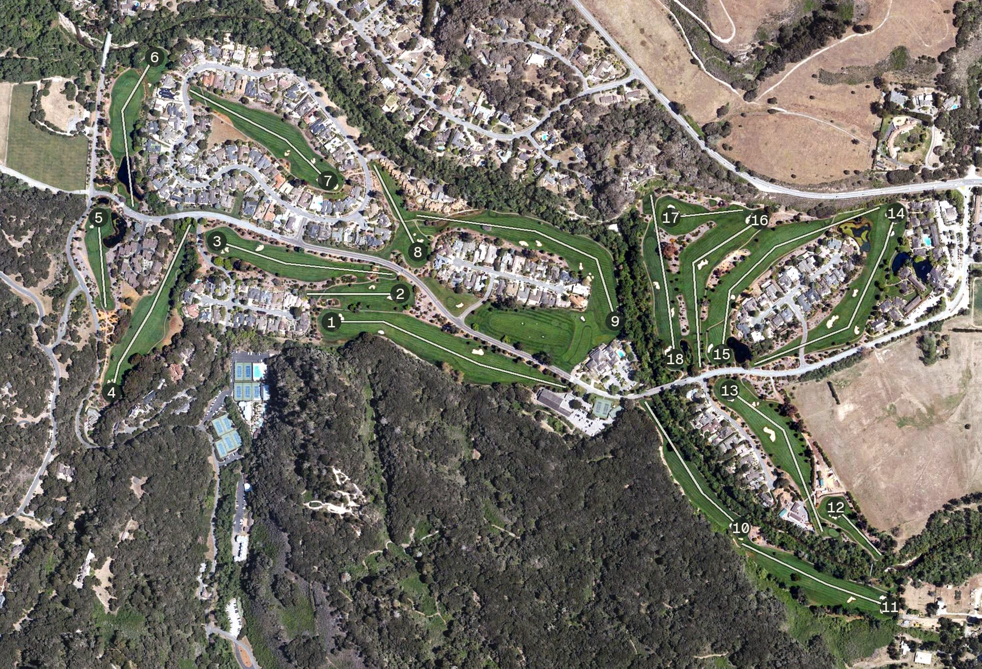 Aerial view of Quail Lodge Golf Club, CA, with its hole routing marked