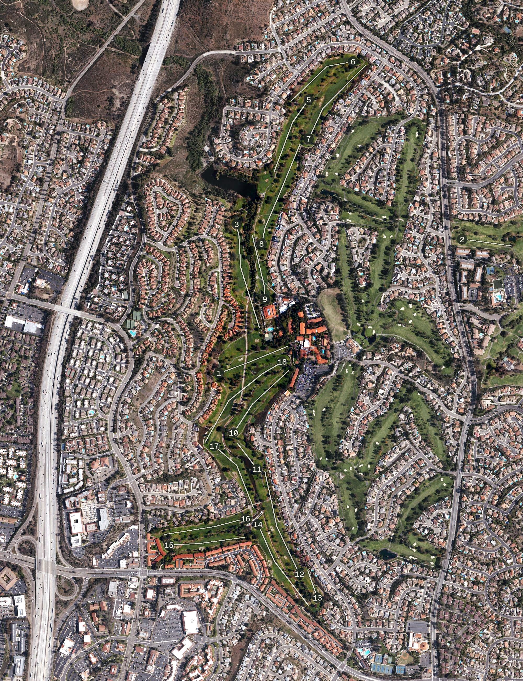 Aerial view of Rancho Bernardo Inn Golf Course, CA, with its hole routing marked