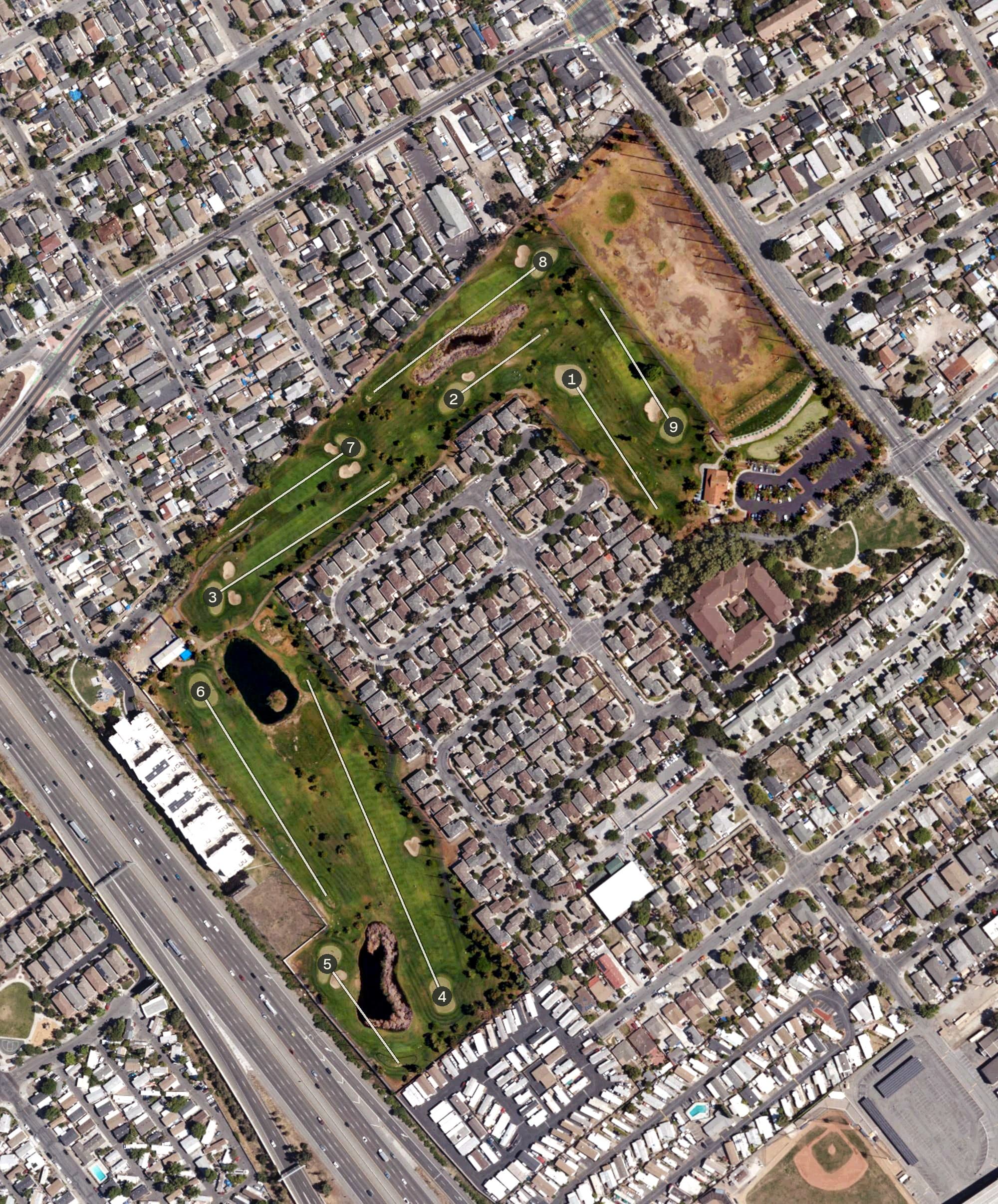 Aerial view of Rancho Del Pueblo Golf Course, CA, with its hole routing marked