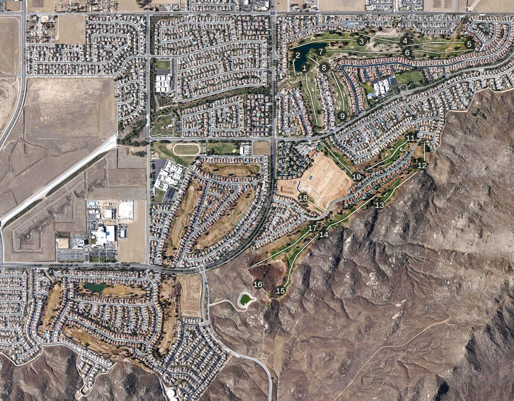 Aerial view of Rancho Del Sol Golf Club, CA, with its hole routing marked