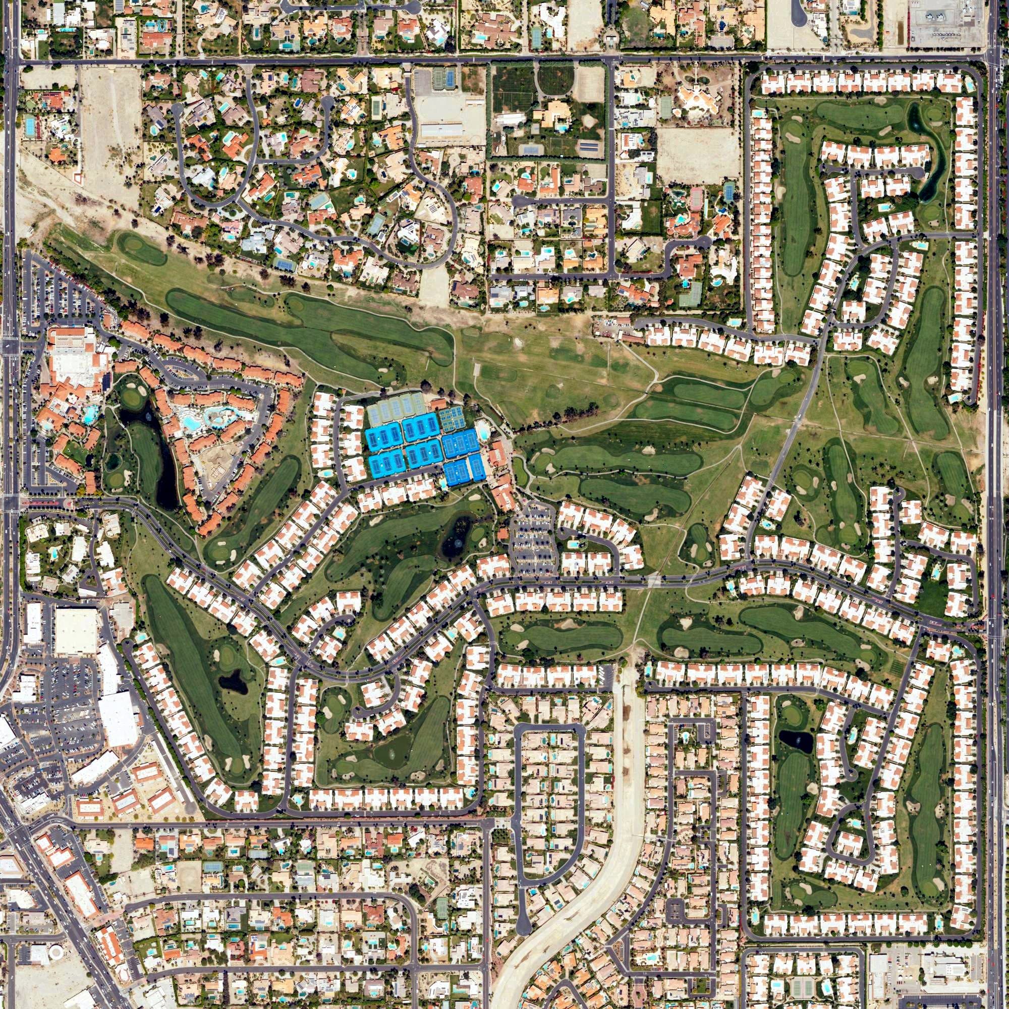 Aerial view of Rancho Las Palmas Country Club, CA, with its hole routing marked