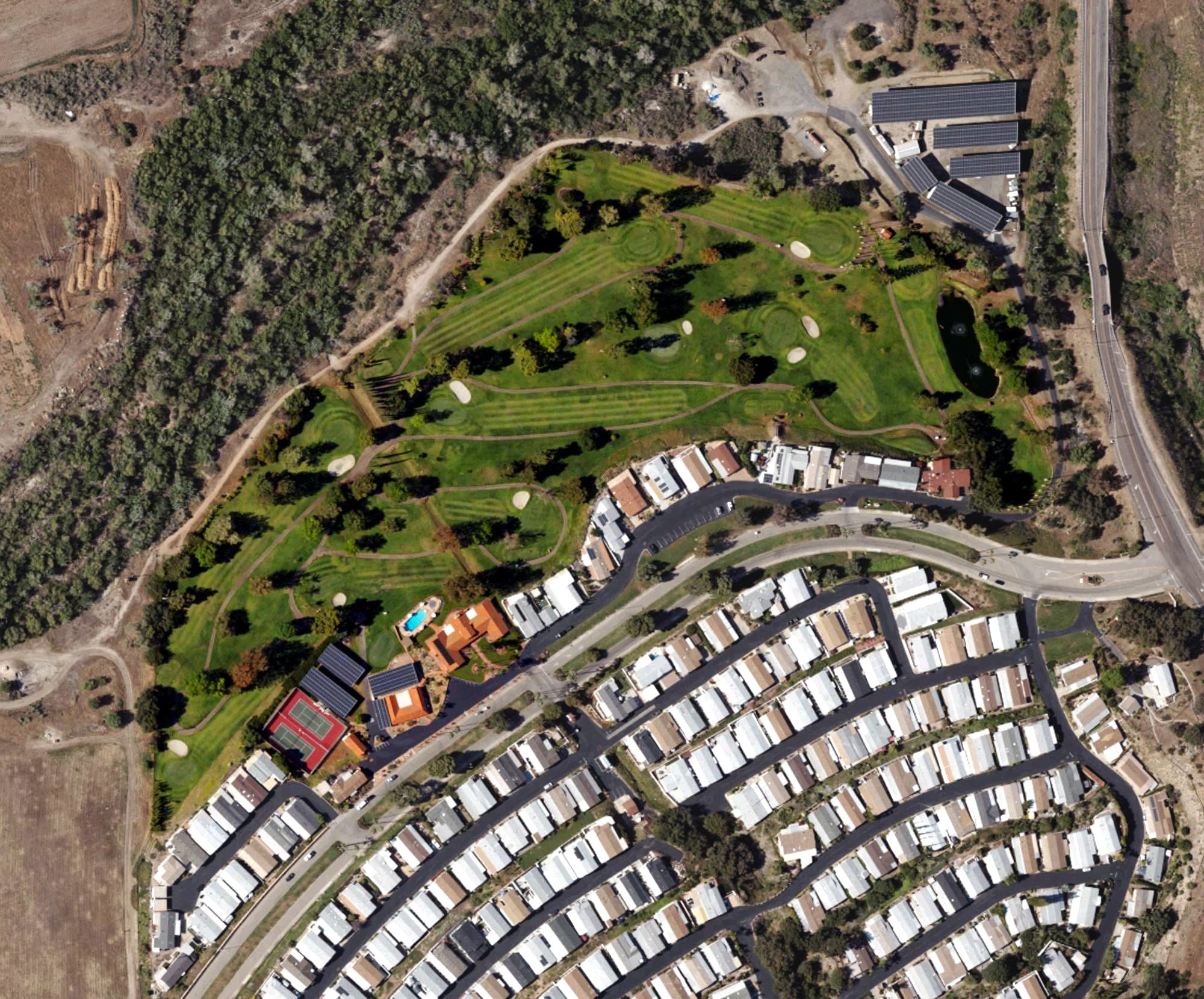 Aerial view of Rancho Monserate Country Club, CA, with its hole routing marked
