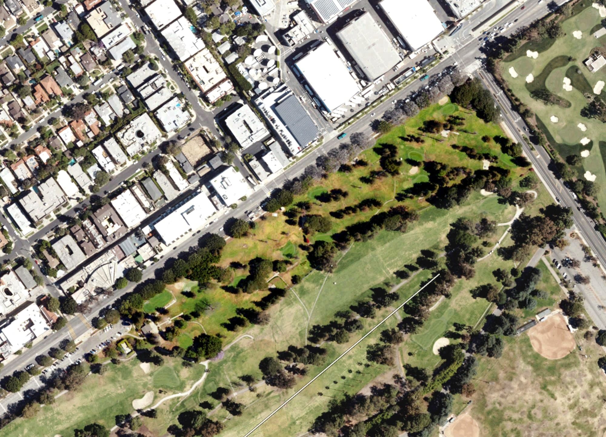 Aerial view of Rancho Park 3 Par Course, CA, with its hole routing marked