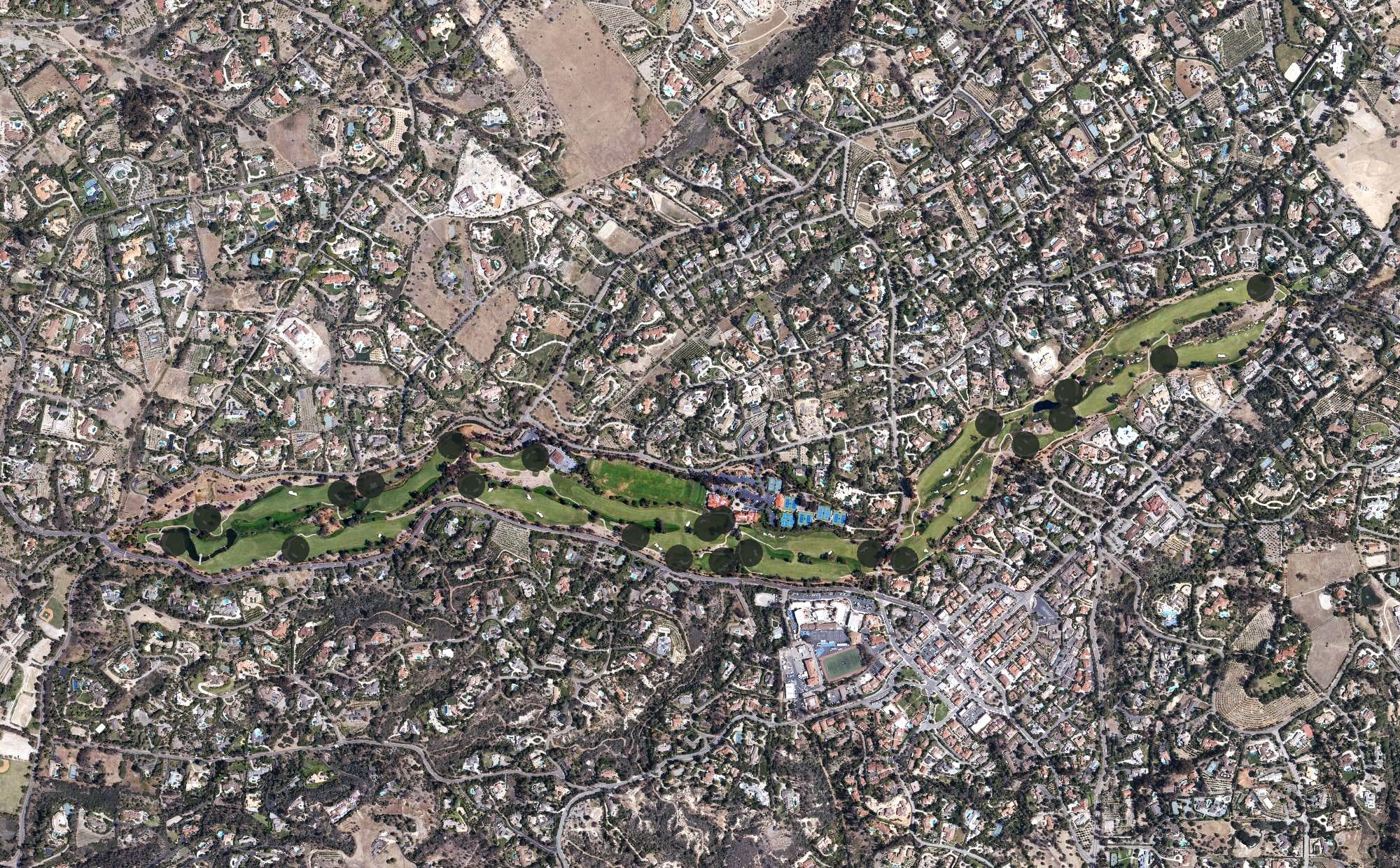 Aerial view of Rancho Santa Fe Golf Club, CA, with its hole routing marked