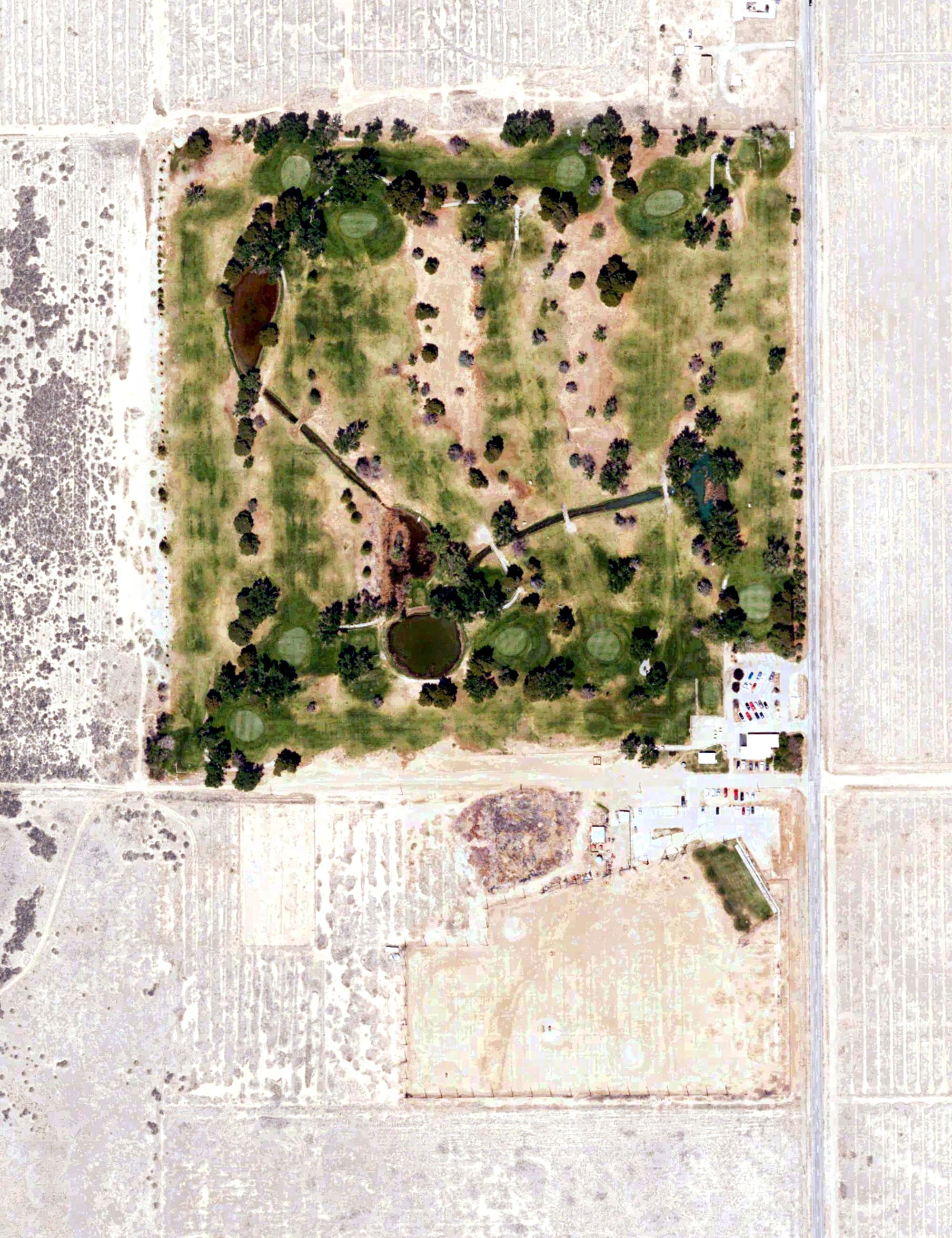 Aerial view of Rancho Sierra Golf Course, CA, with its hole routing marked