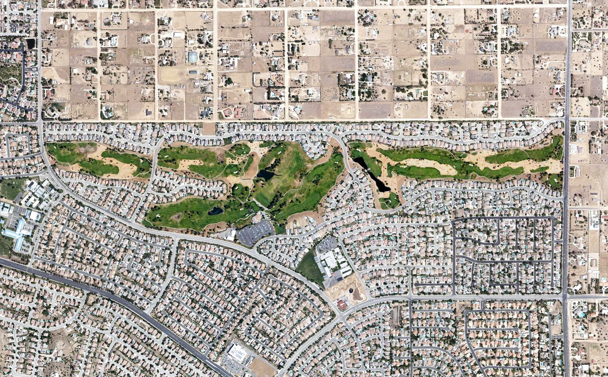 Aerial view of Rancho Vista Golf Course, CA, with its hole routing marked