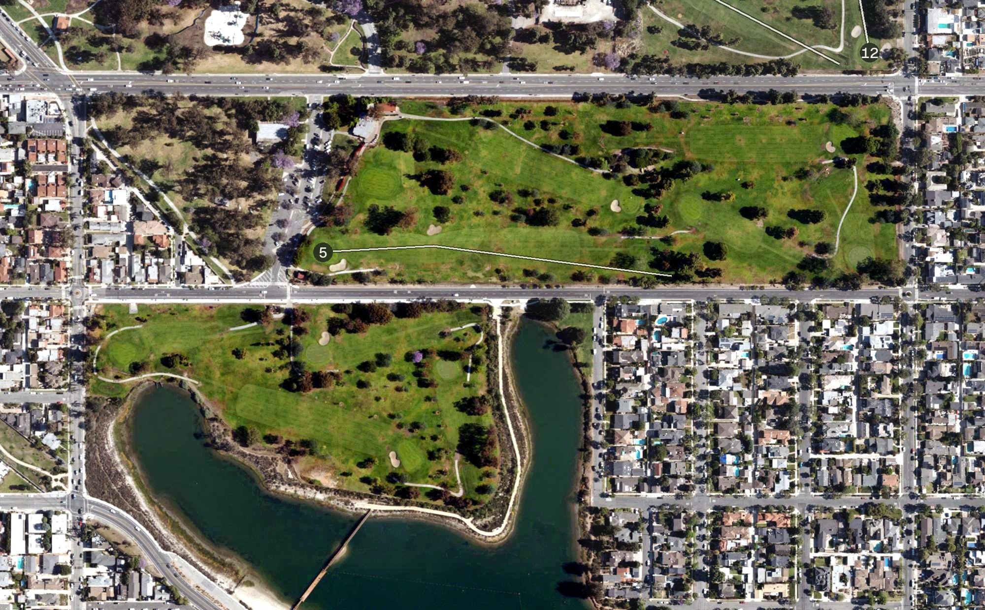 Aerial view of Recreation Park 9 Golf Course, CA, with its hole routing marked