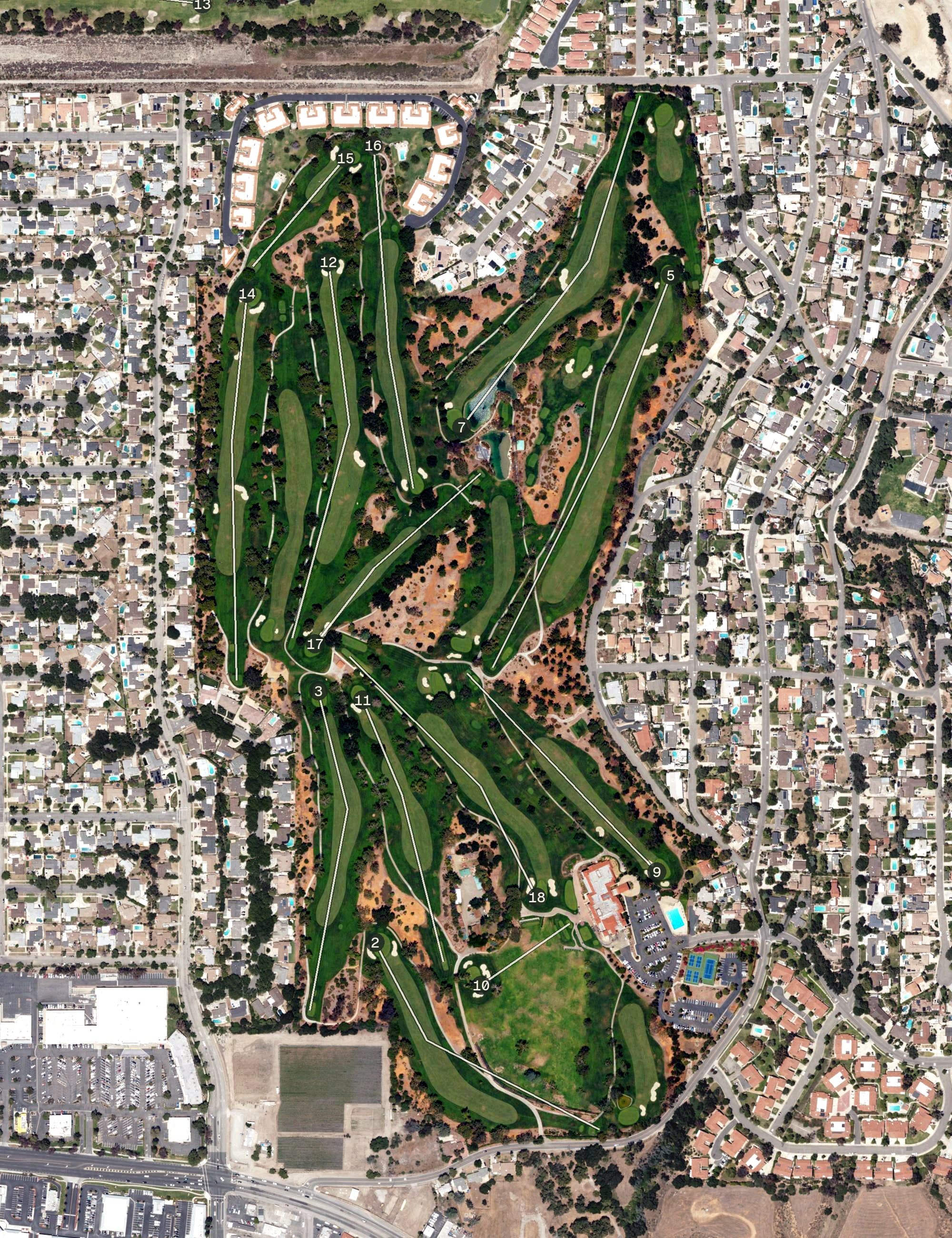 Aerial view of Red Hill Country Club, CA, with its hole routing marked