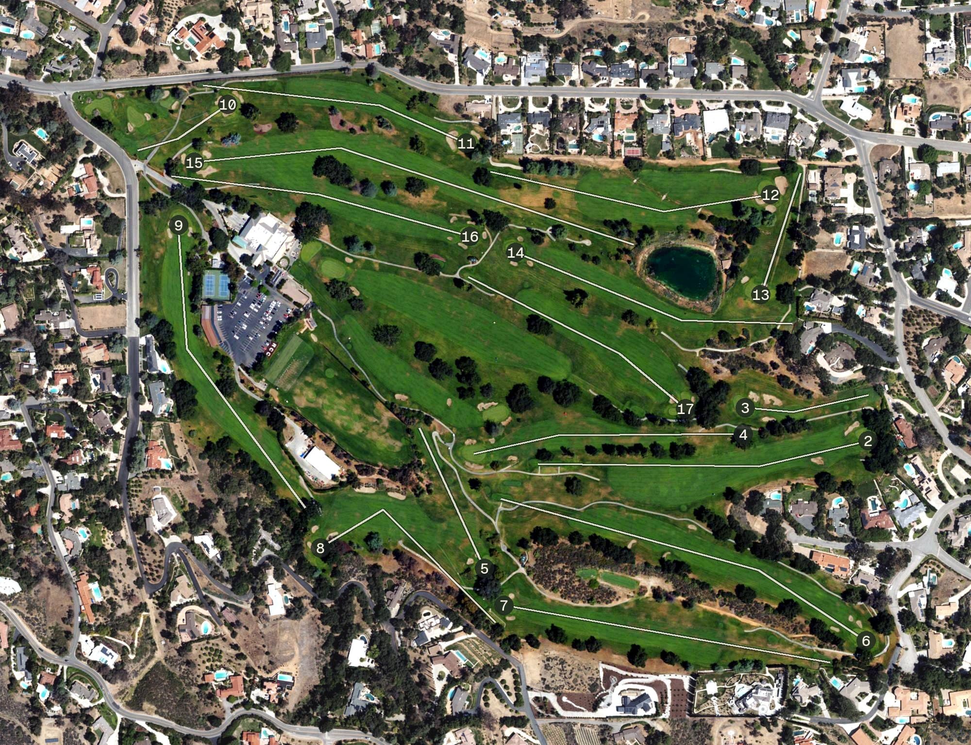 Aerial view of Redlands Country Club, CA, with its hole routing marked