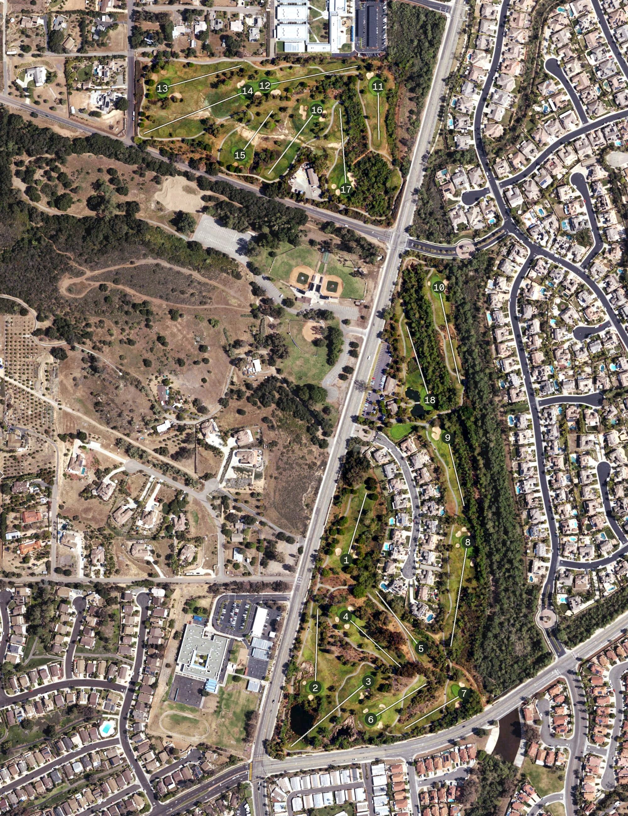Aerial view of Reidy Creek Golf Course, CA, with its hole routing marked