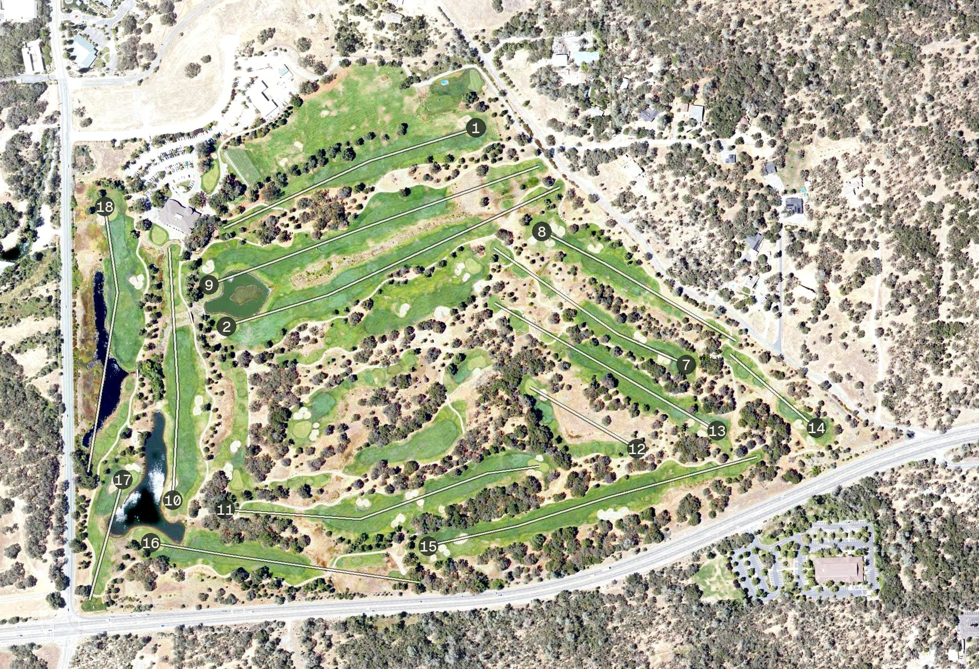 Aerial view of Ridge Golf Course, CA, with its hole routing marked