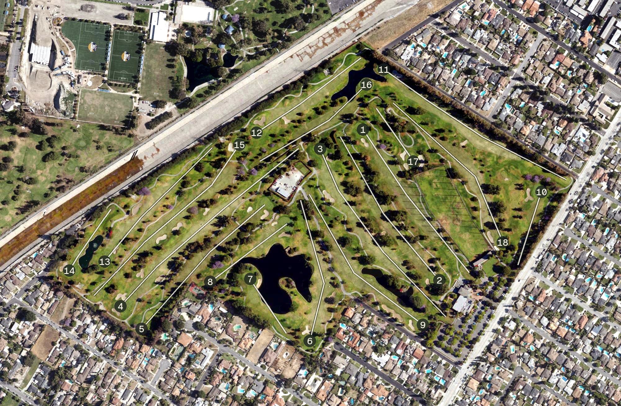 Aerial view of Rio Hondo Golf Club, CA, with its hole routing marked