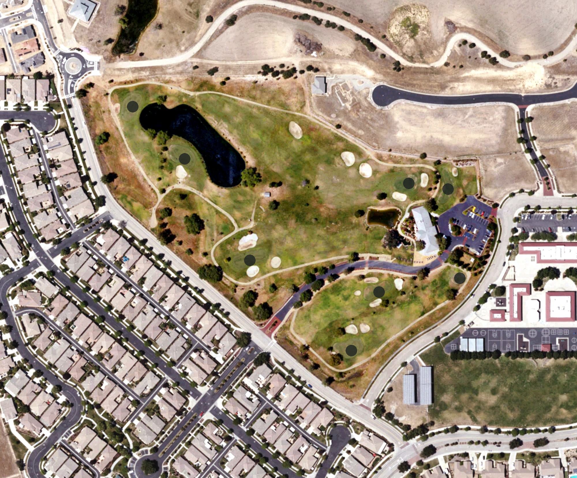 Aerial view of River Oaks Golf Course (Paso Robles), CA, with its hole routing marked