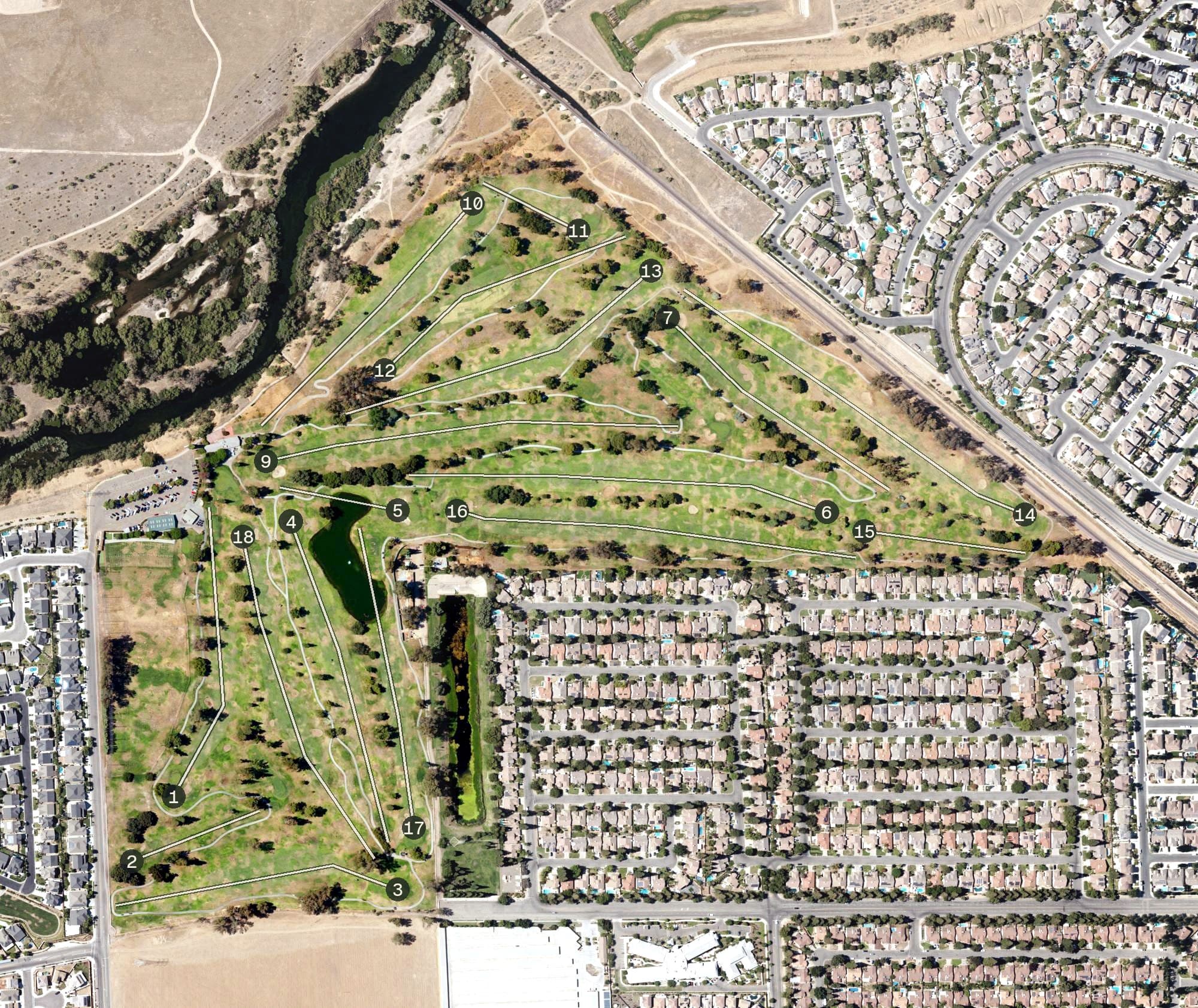 Aerial view of Riverside Golf Course, CA, with its hole routing marked