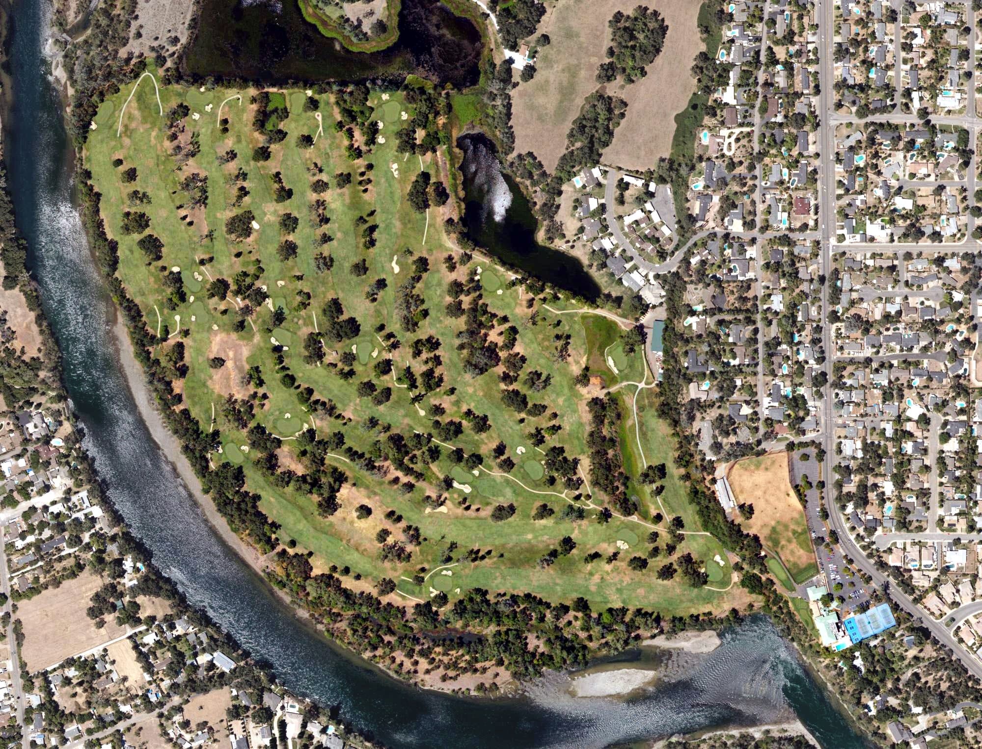 Aerial view of Riverview Golf & Country Club, CA, with its hole routing marked