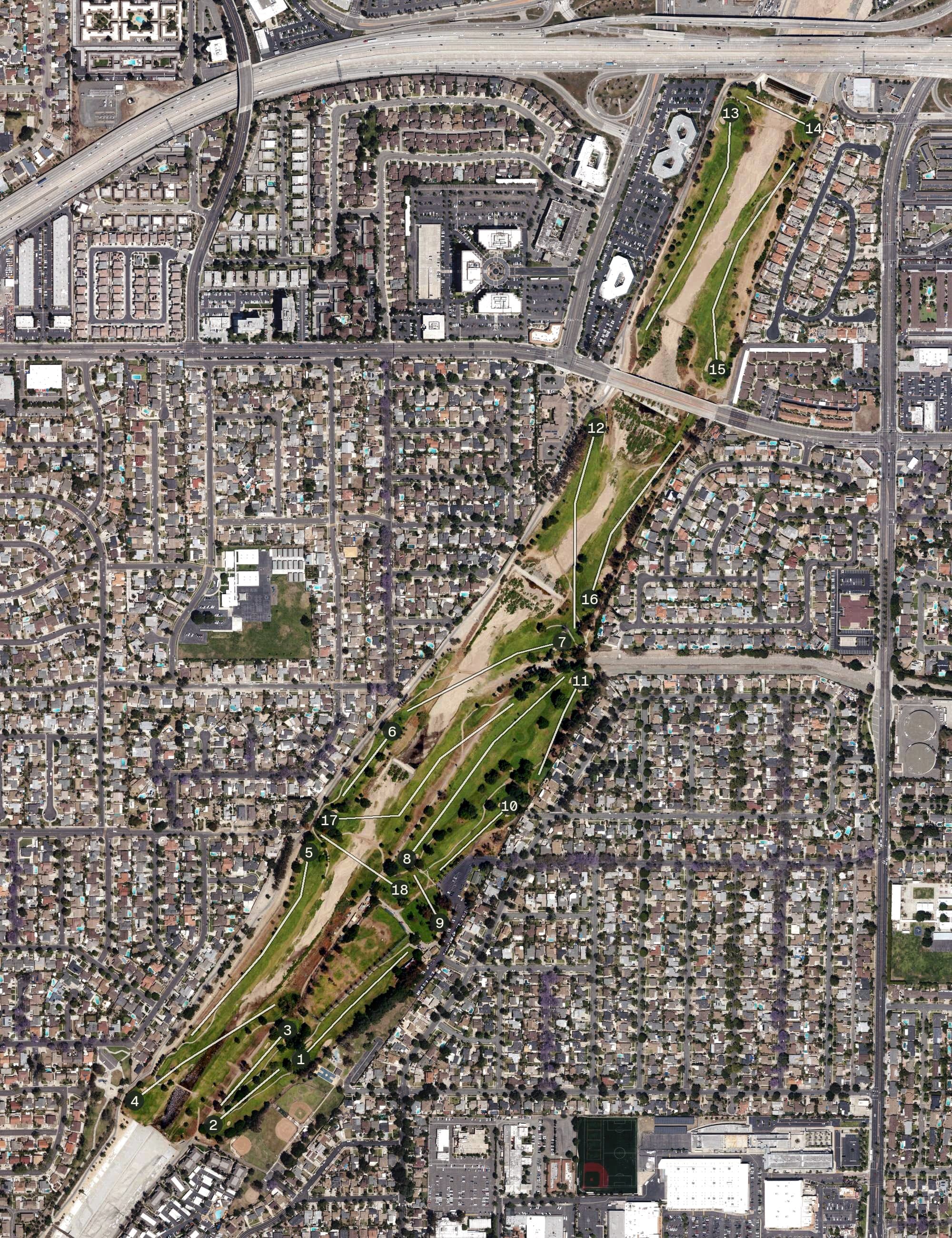 Aerial view of Riverview Golf Course, CA, with its hole routing marked