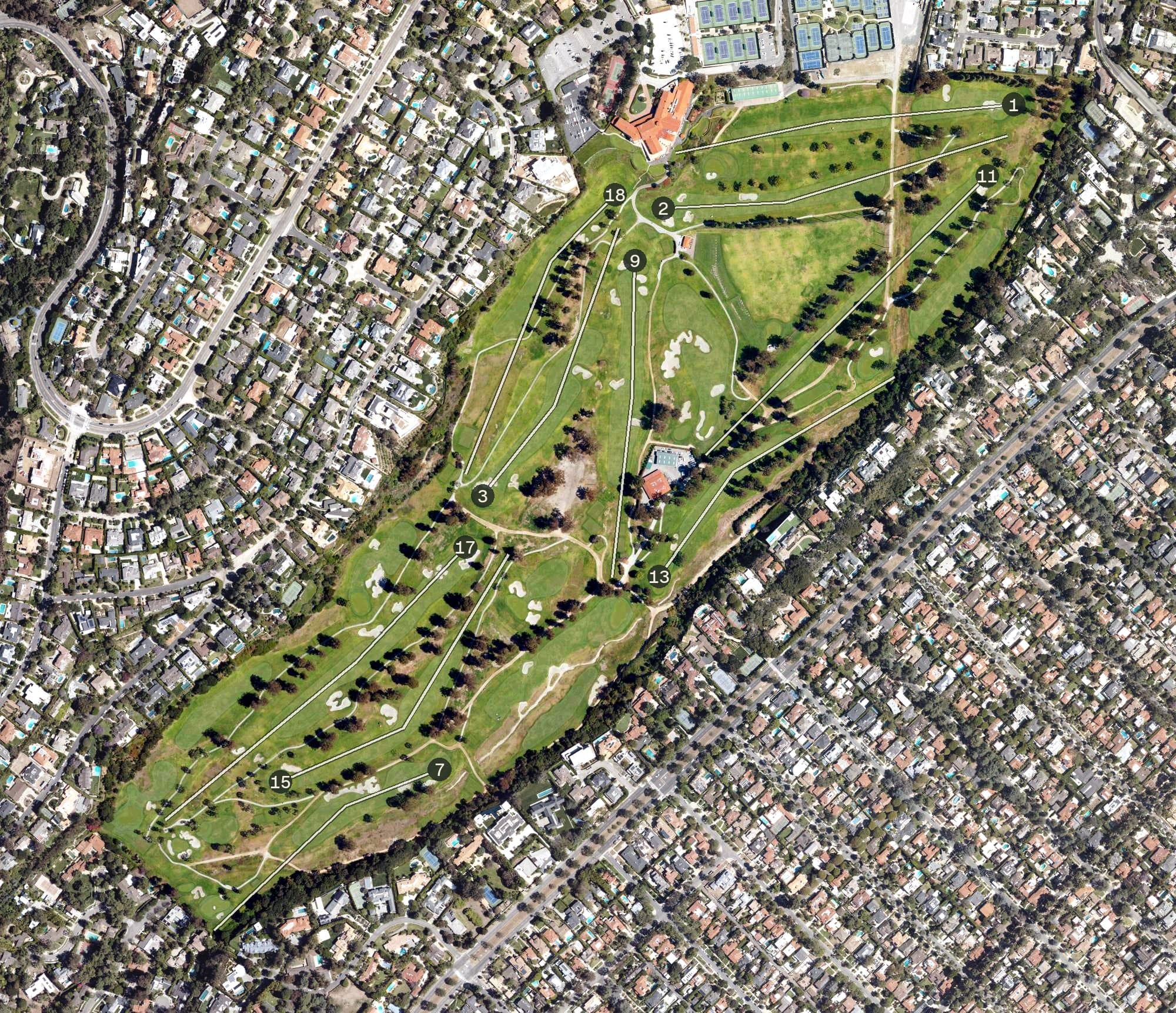 Aerial view of Riviera Country Club, CA, with its hole routing marked