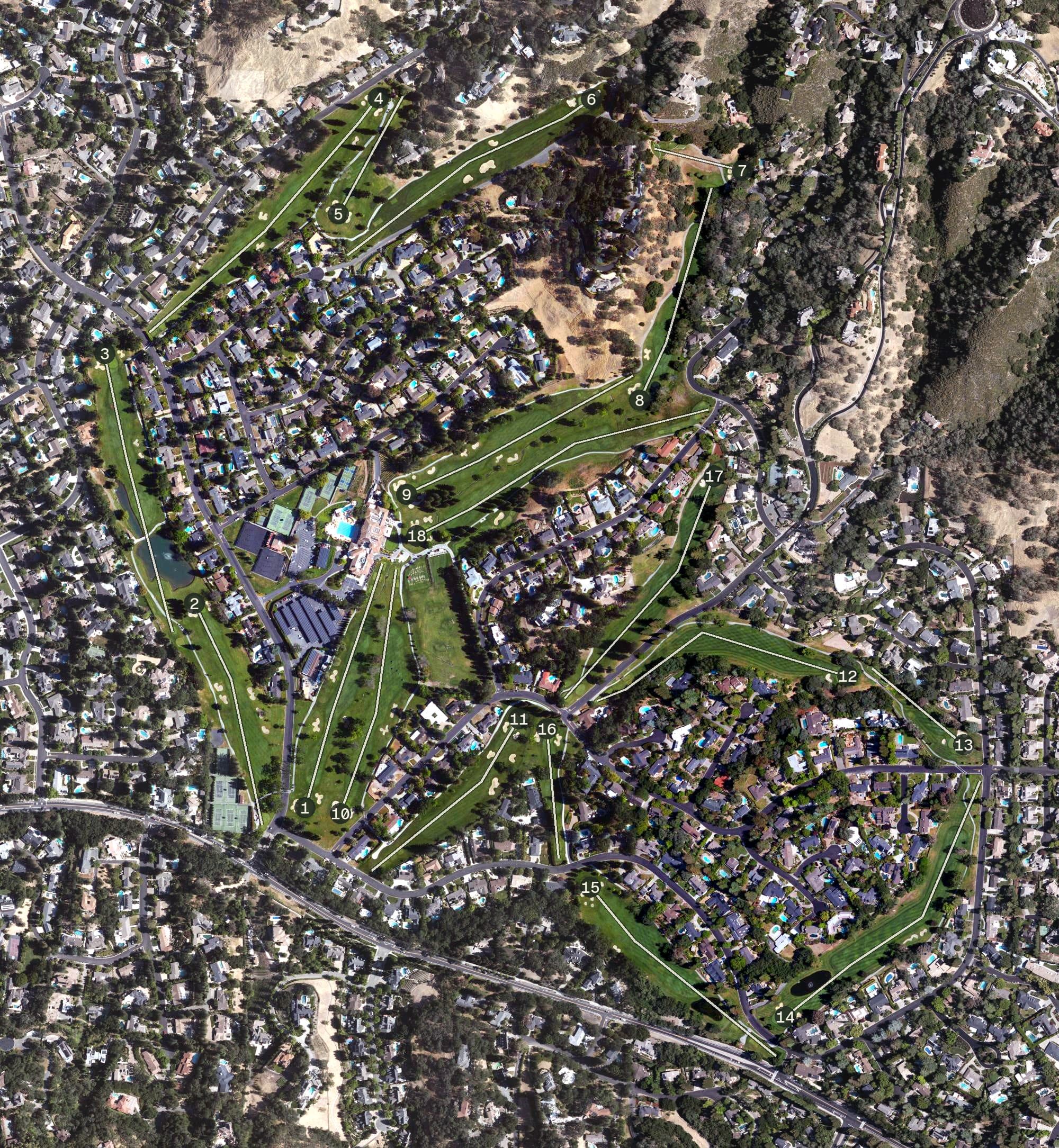 Aerial view of Round Hill Country Club, CA, with its hole routing marked