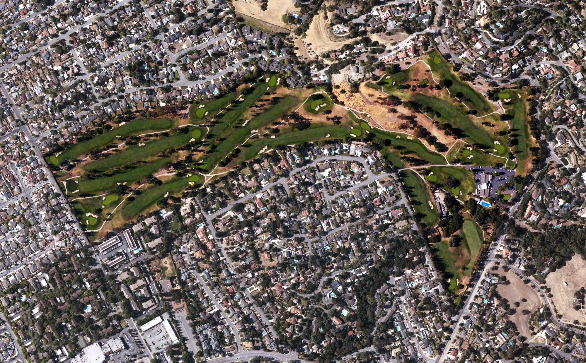 Aerial view of San Jose Country Club, CA, with its hole routing marked