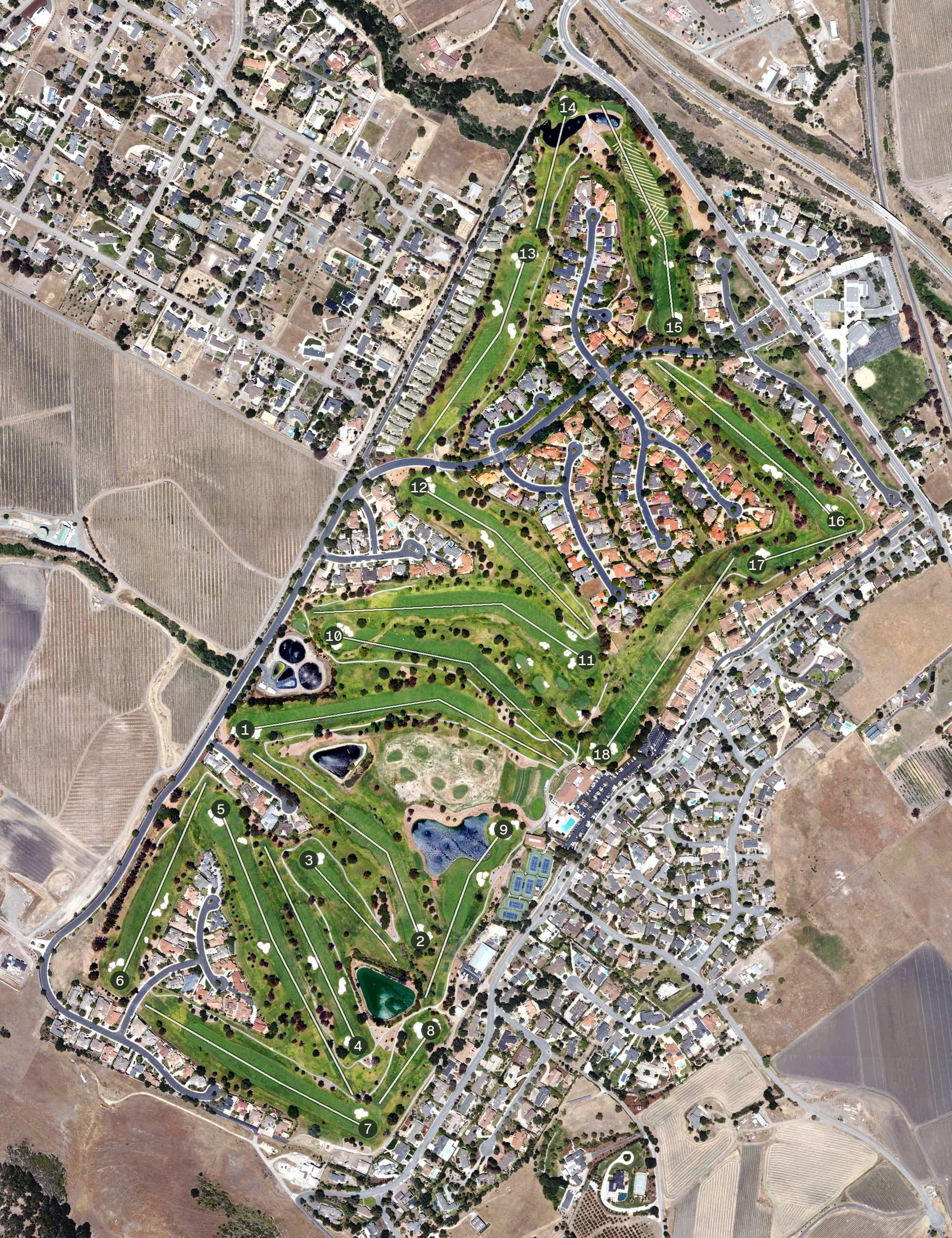 Aerial view of San Luis Obispo Country Club, CA, with its hole routing marked