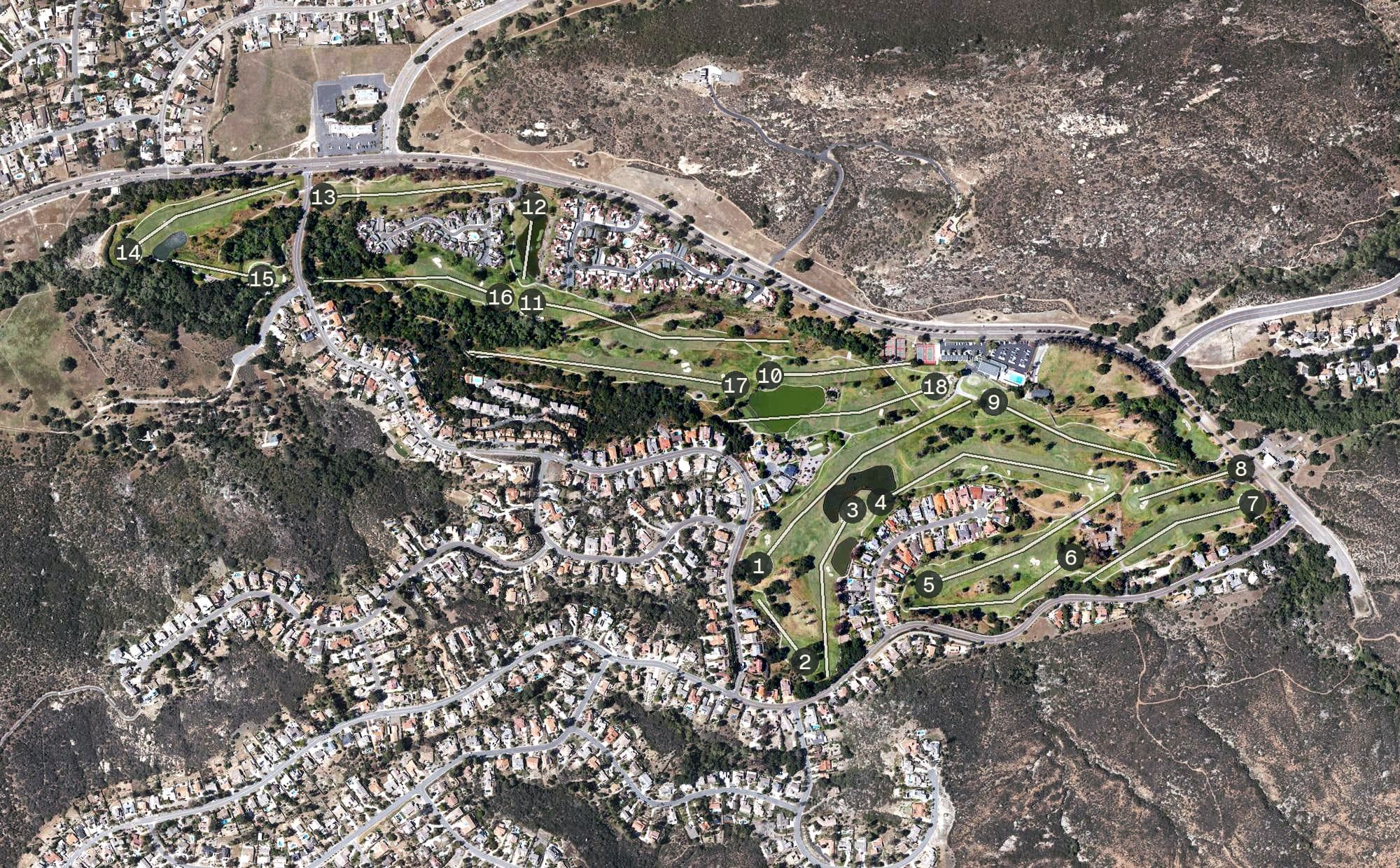 Aerial view of San Vicente Golf Club, CA, with its hole routing marked