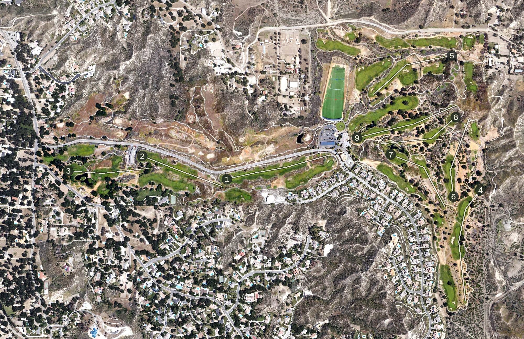 Aerial view of Sand Canyon Country Club, CA, with its hole routing marked